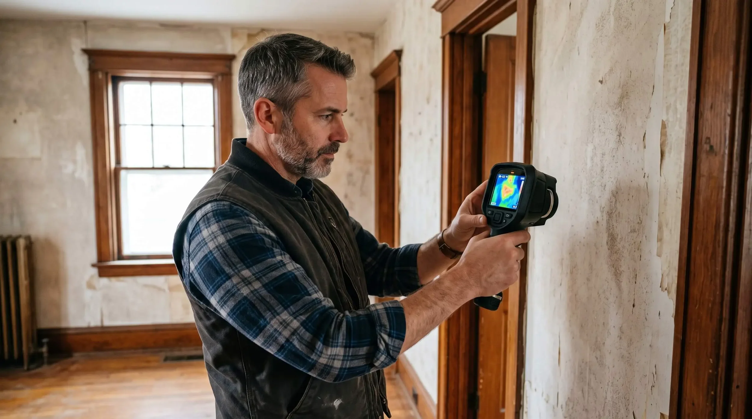 Home inspector pointing an infrared thermal imaging camera at an interior wall in an older Kanata Ottawa home