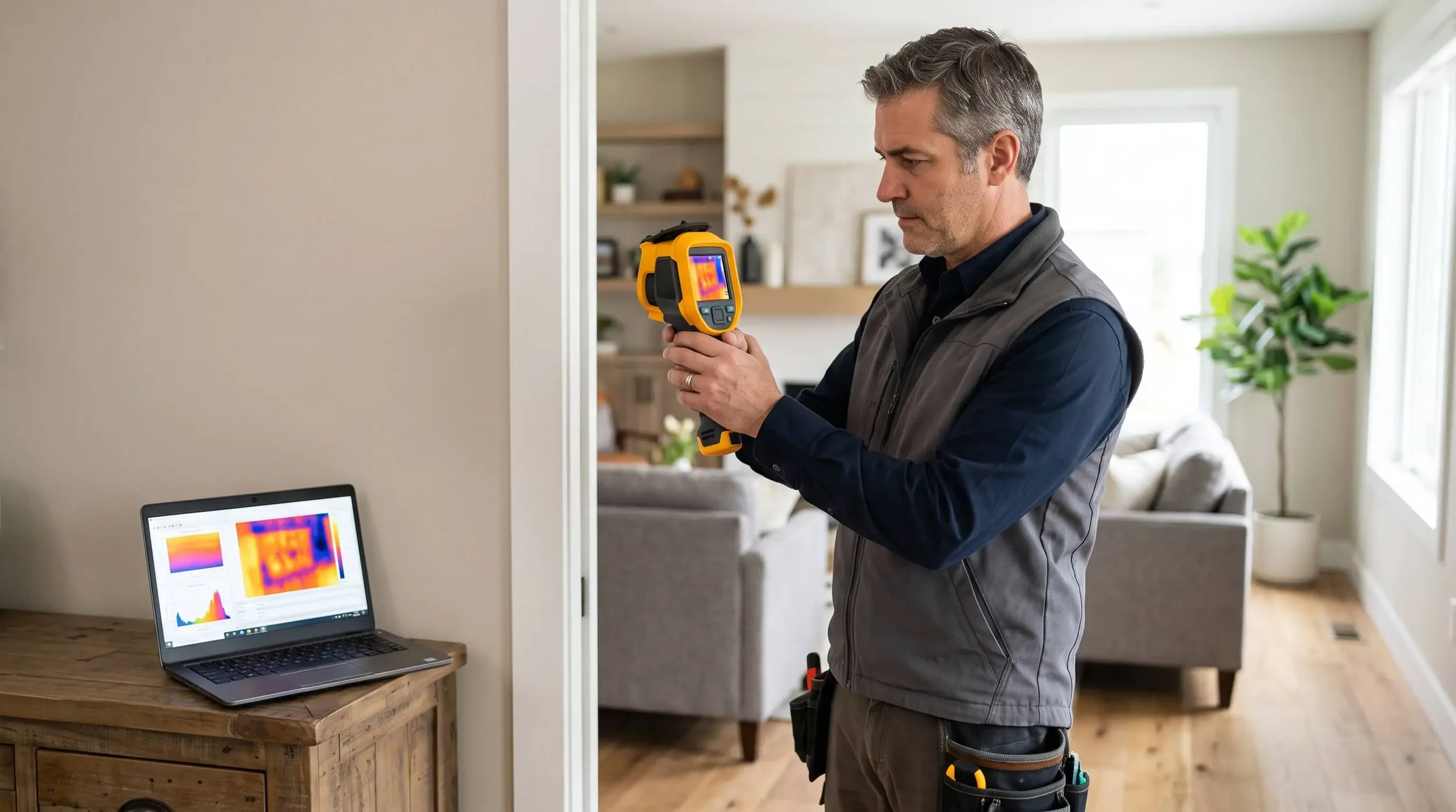 A man conducting a thermal imaging scan indoors, holding a handheld infrared camera; a laptop displaying thermal images on a wooden table.