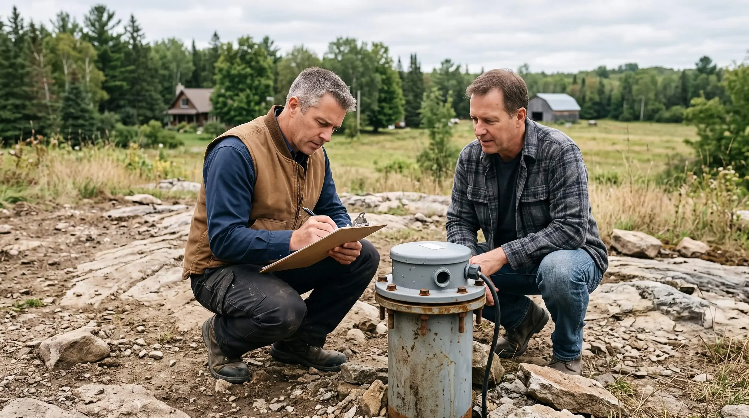 Two men in outdoor clothing working on a piece of equipment outdoors, with a rural landscape and trees in the background.