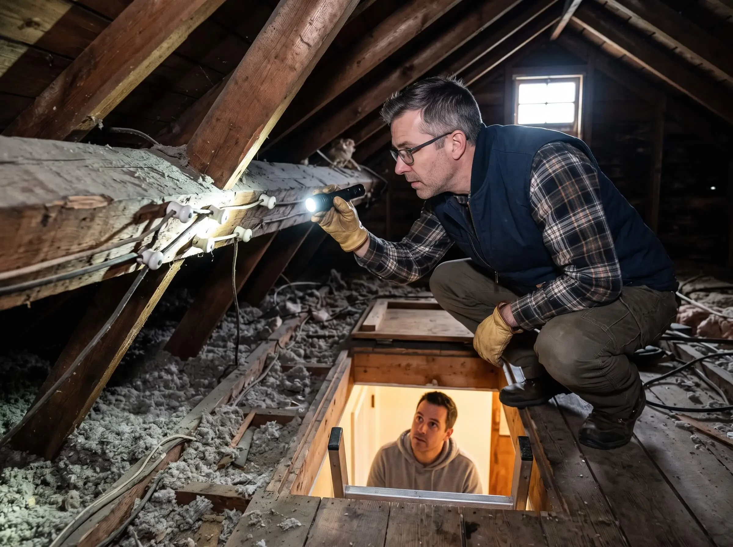 Two men working on attic insulation, one crouching with a flashlight and the other standing below, both wearing work gloves and casual clothing inside a wooden attic space with insulation on the floor.