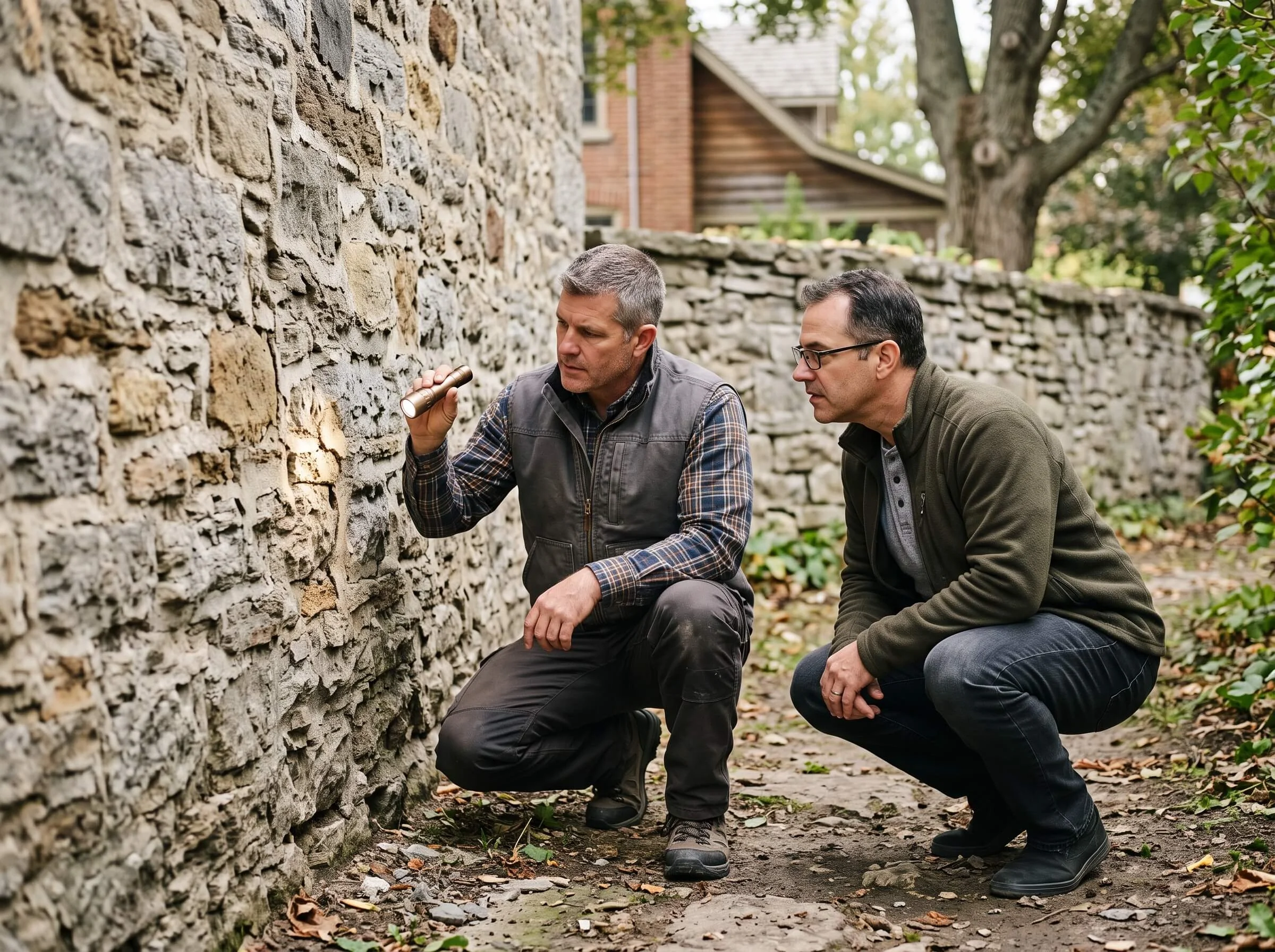 Two men are inspecting the foundation of a stone wall outdoors, one holding a flashlight, both crouching and examining the wall closely.