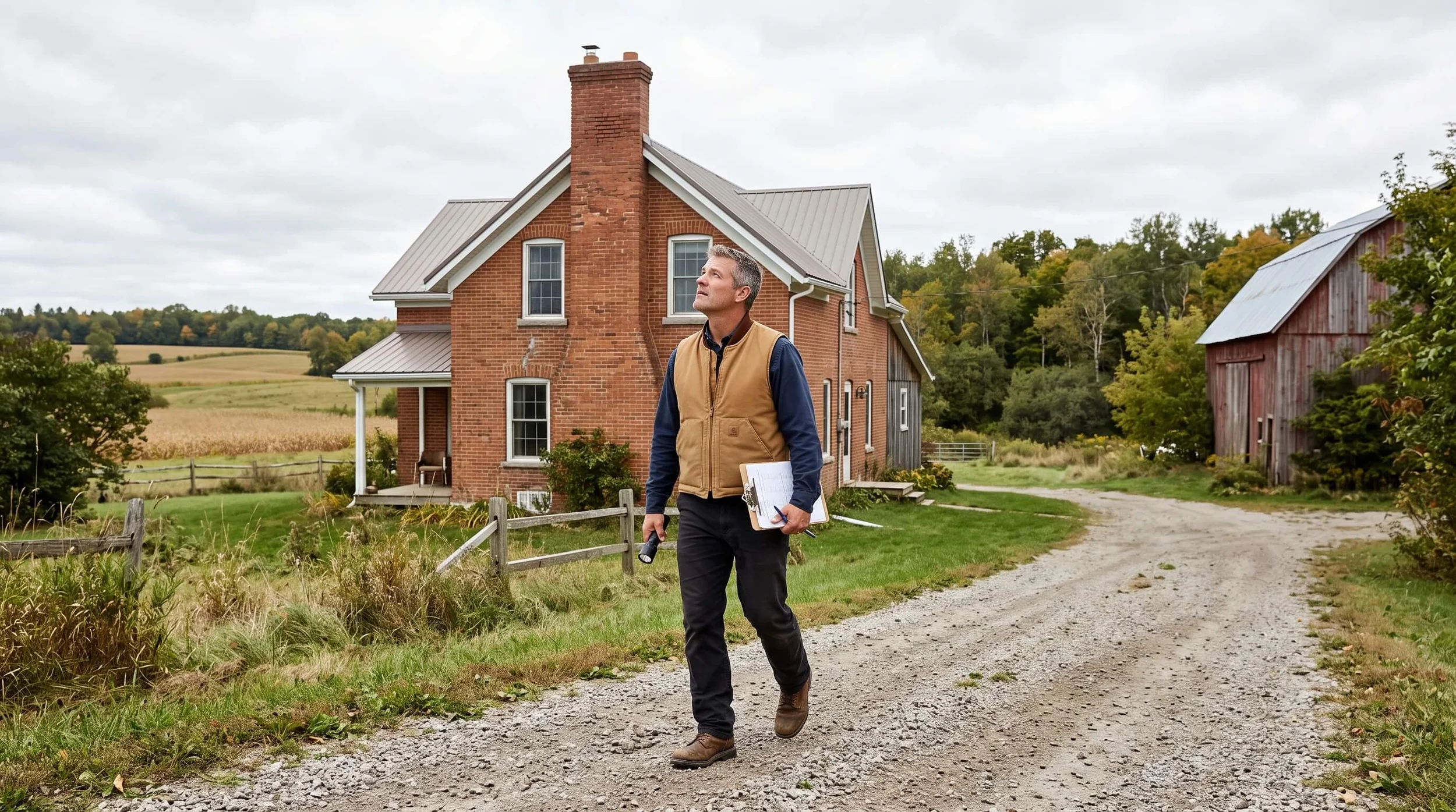 Home inspector examining the exterior of a rural farmstead property near Clarence Creek Ontario with a wood stove chimney visible