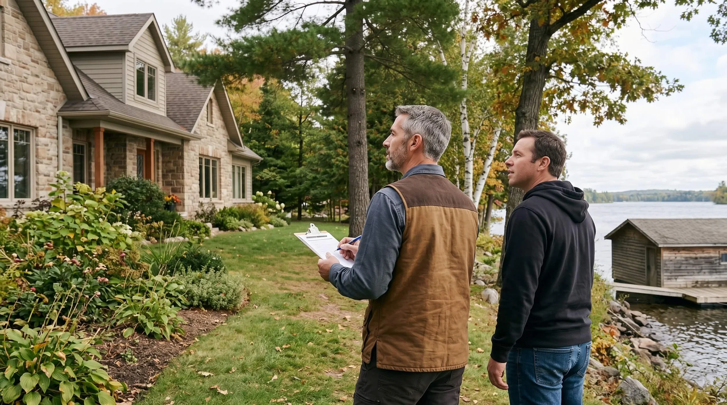 Home inspector and homeowner walking the exterior of a waterfront property along the Ottawa River near Arnprior Ontario