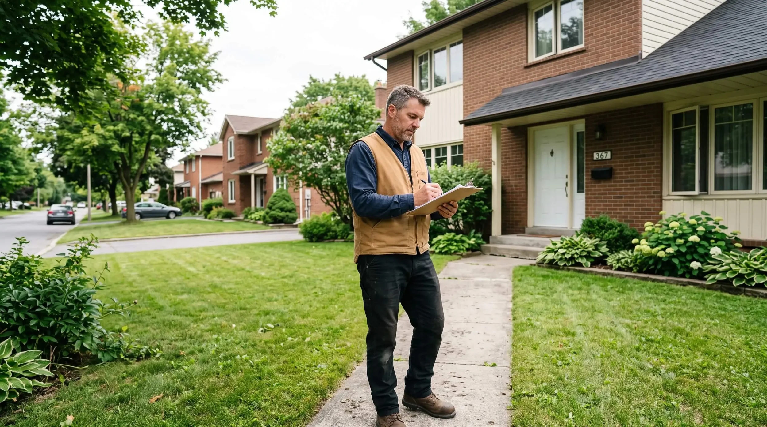 Home inspector reviewing clipboard outside a 1970s brick home on a tree-lined street in Chapel Hill Orléans Ottawa