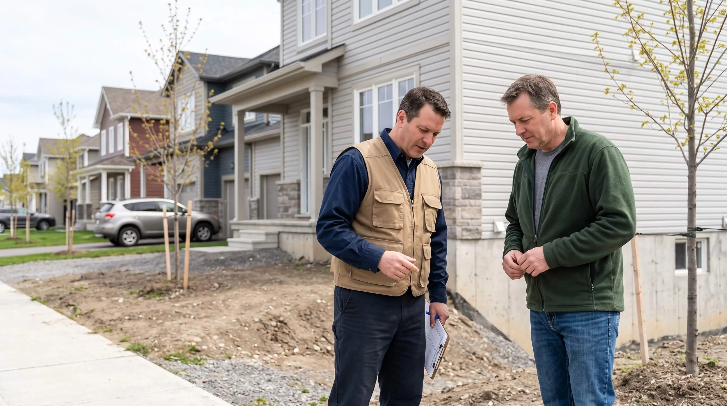 Home inspector reviewing lot grading with a homeowner on the exterior of a new subdivision home in Carleton Place Ontario