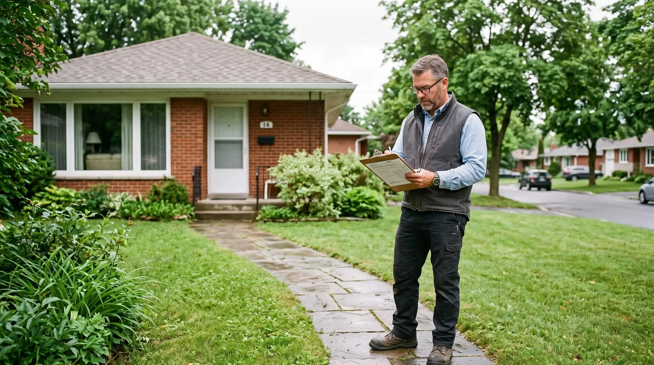 Home inspector reviewing clipboard outside a 1960s brick bungalow on a mature tree-lined street in Nepean Ottawa