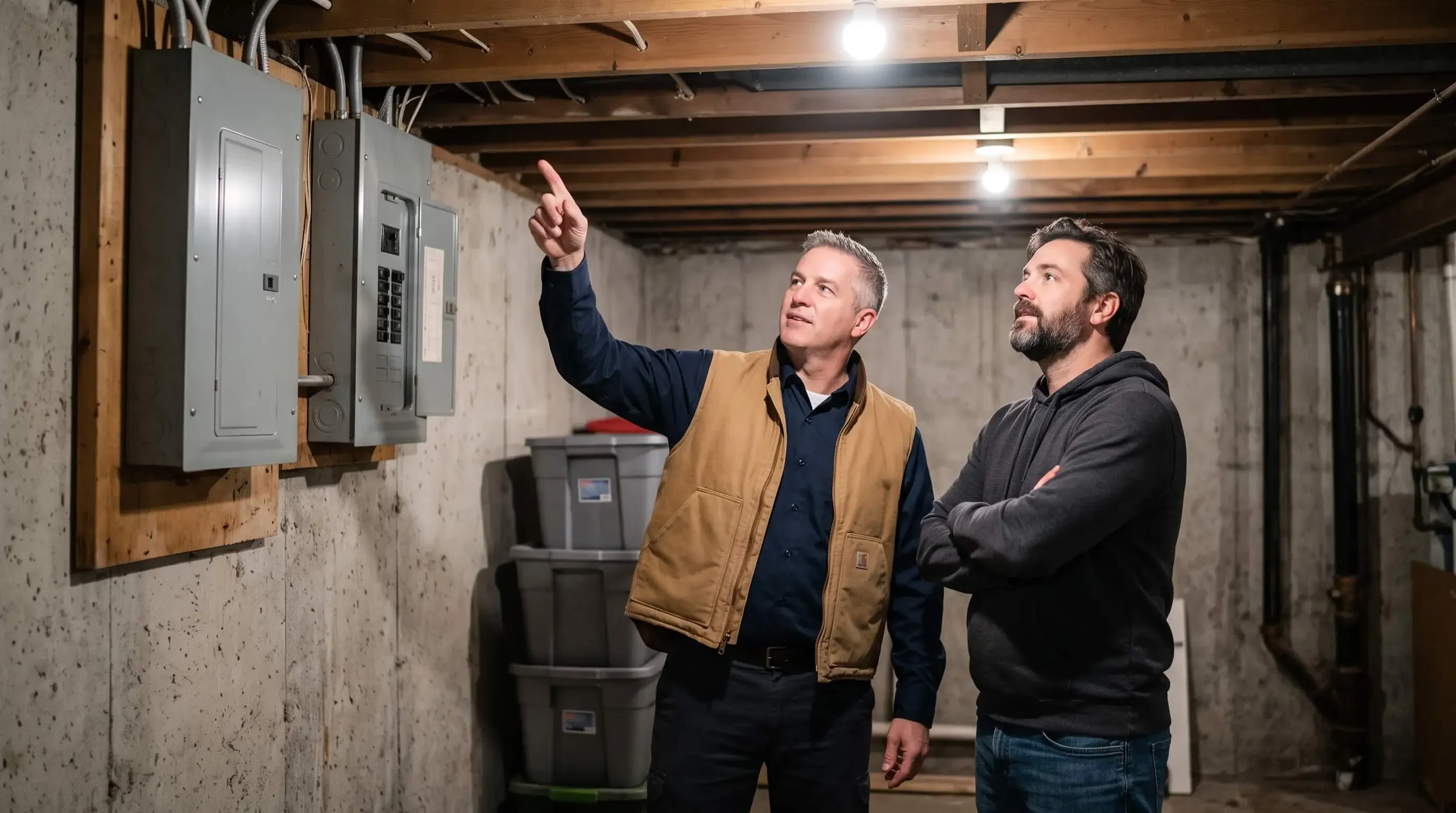 Two men looking at electrical panels in a basement, one pointing at a panel.
