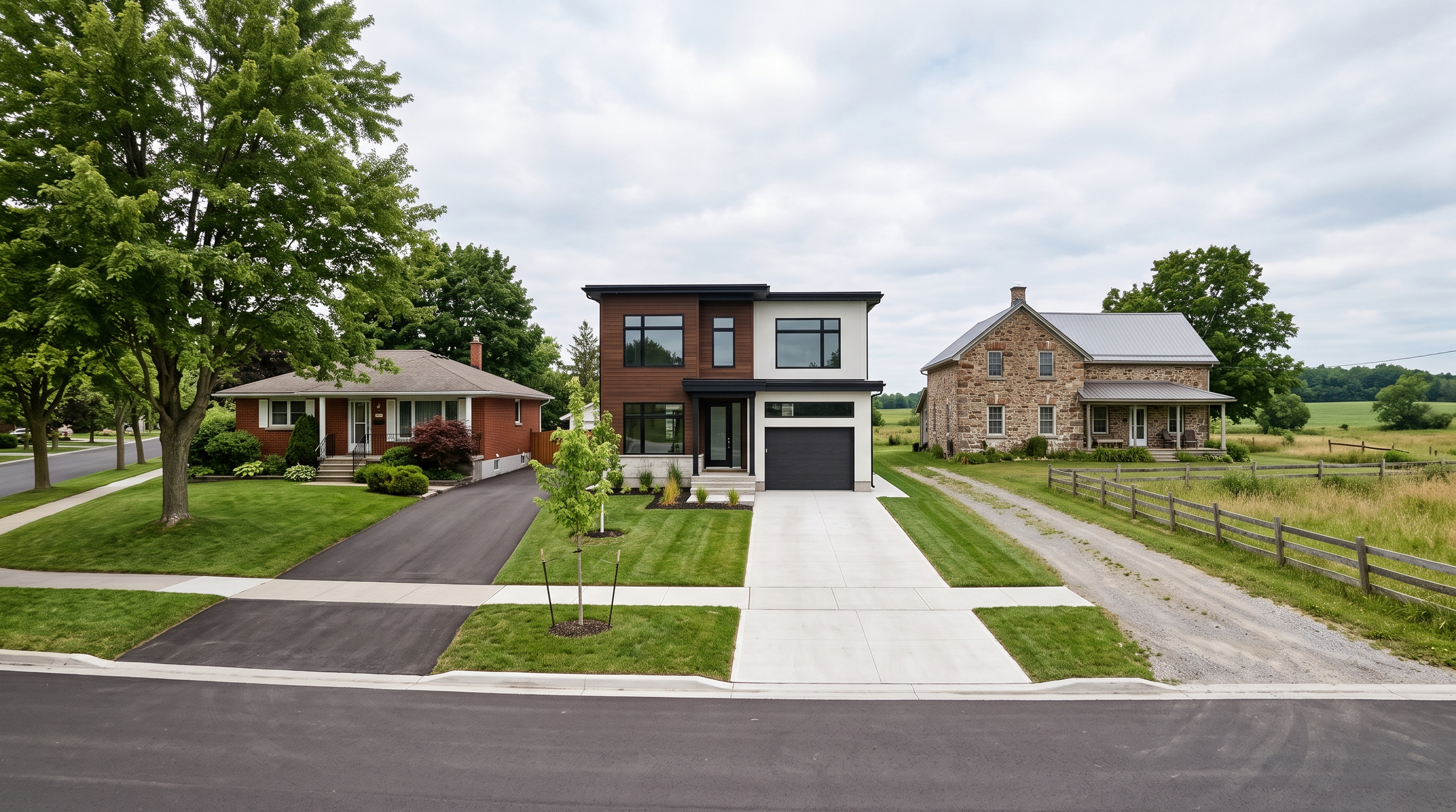 A modern white and dark gray two-story house with large windows, surrounded by a green lawn and young trees, flanked by two older houses with brick and stone exteriors, in a suburban neighborhood with a street, sidewalks, and open fields in the background under a cloudy sky.