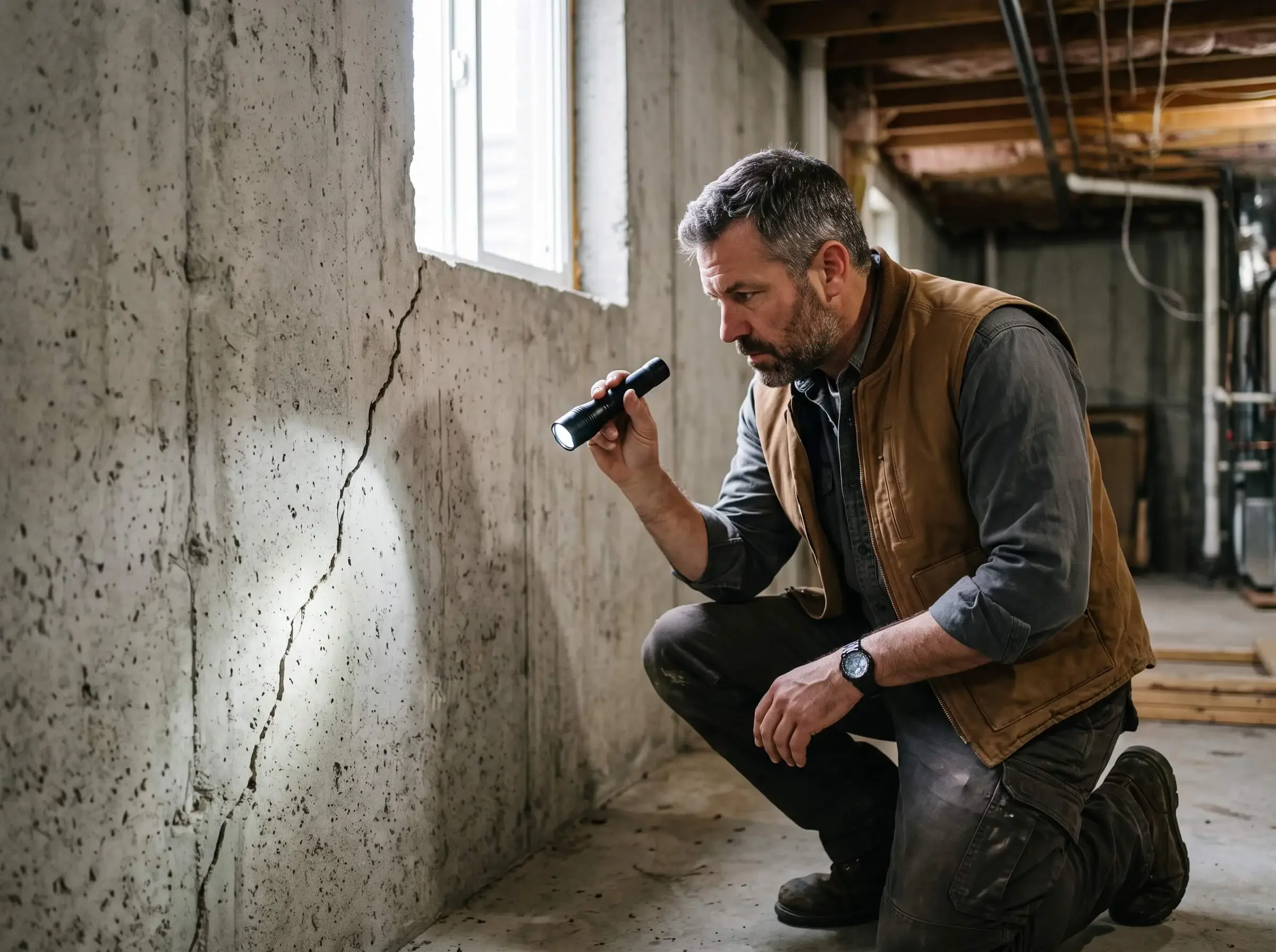 A man with gray hair and a beard kneels on the floor using a flashlight to examine a large crack in a concrete wall inside a building under construction or renovation.