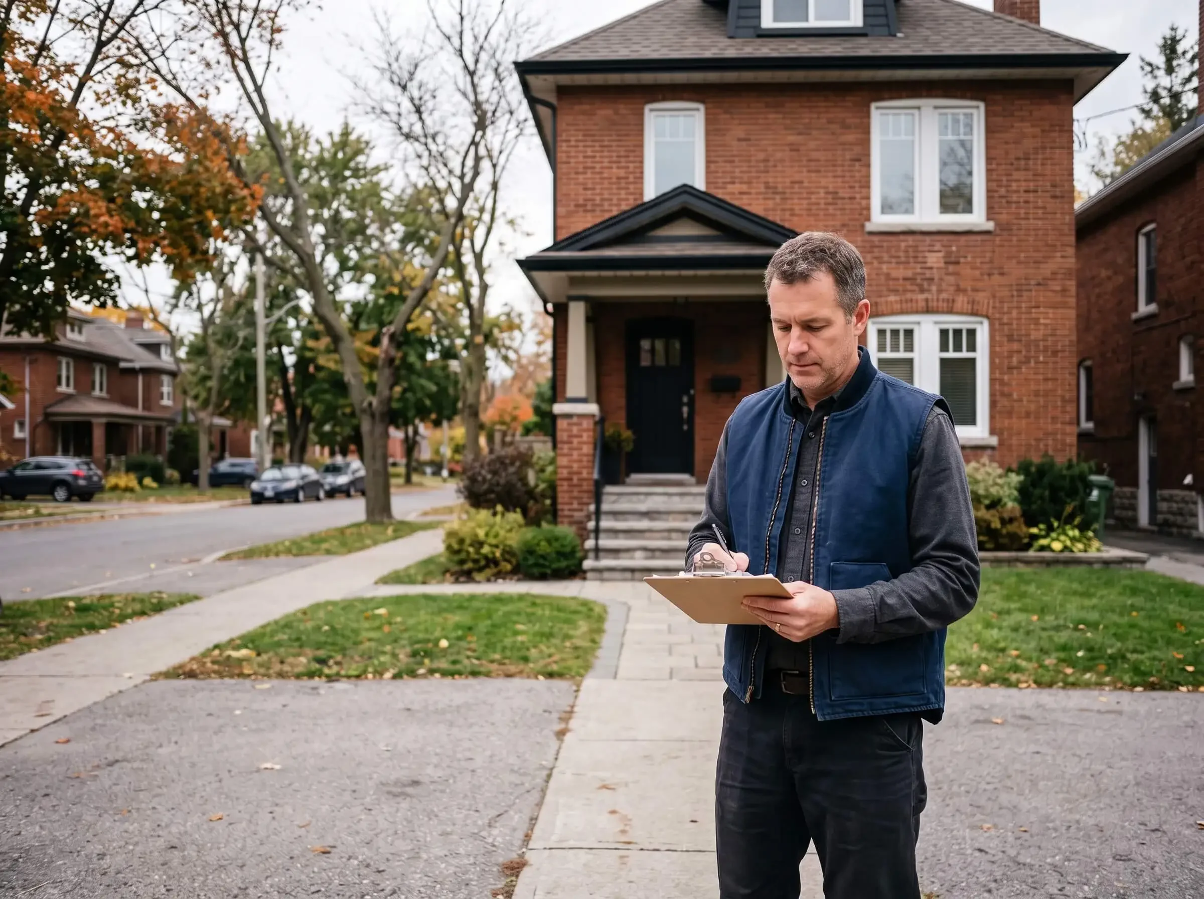 A man with short gray hair, wearing a blue vest over a gray shirt and black pants, stands on a suburban sidewalk holding a clipboard and pen, with a brick house and trees with autumn foliage in the background.