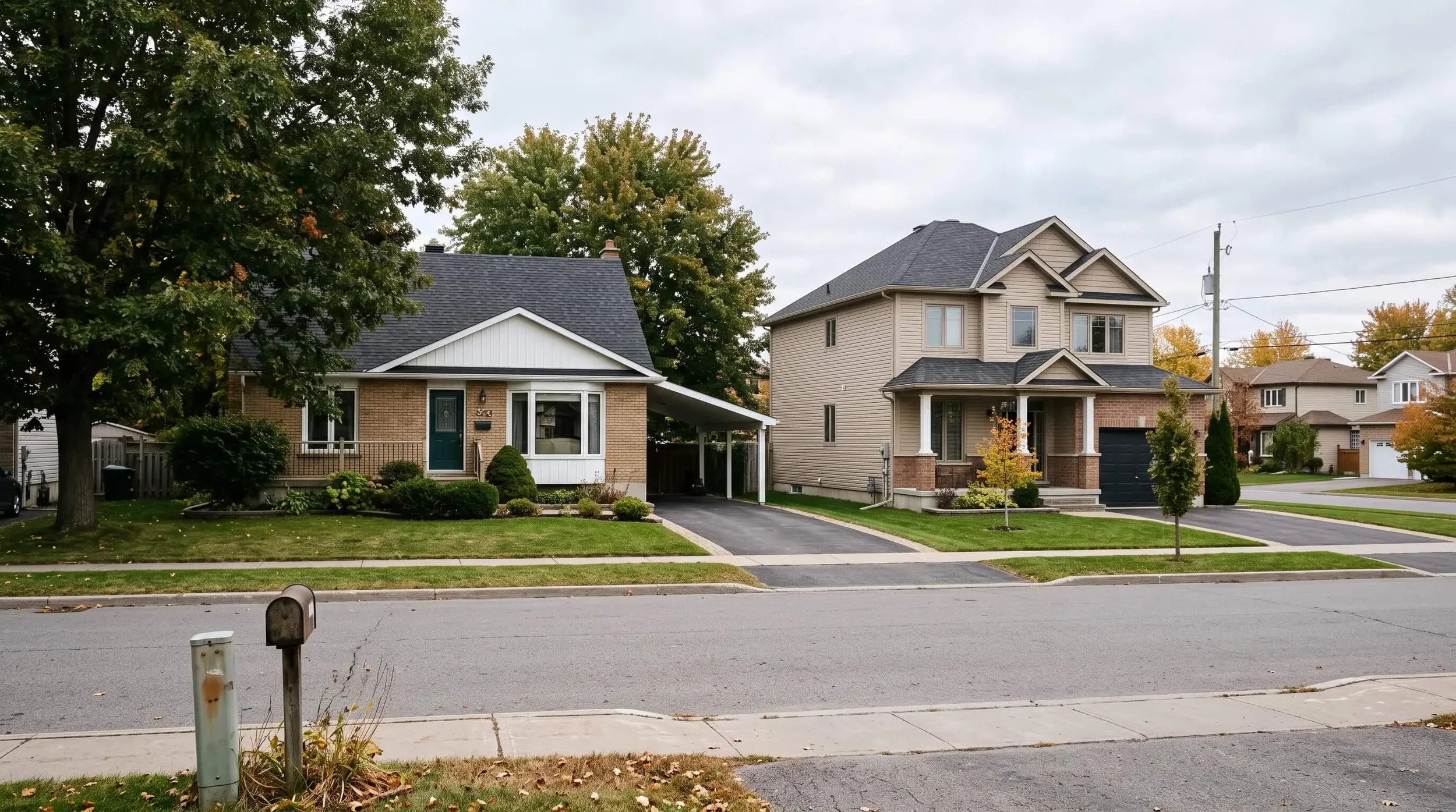 Two houses in a suburban neighborhood with trees and a lawn, one with a brick facade and the other with beige siding, front yards, driveways, and a street in the foreground.