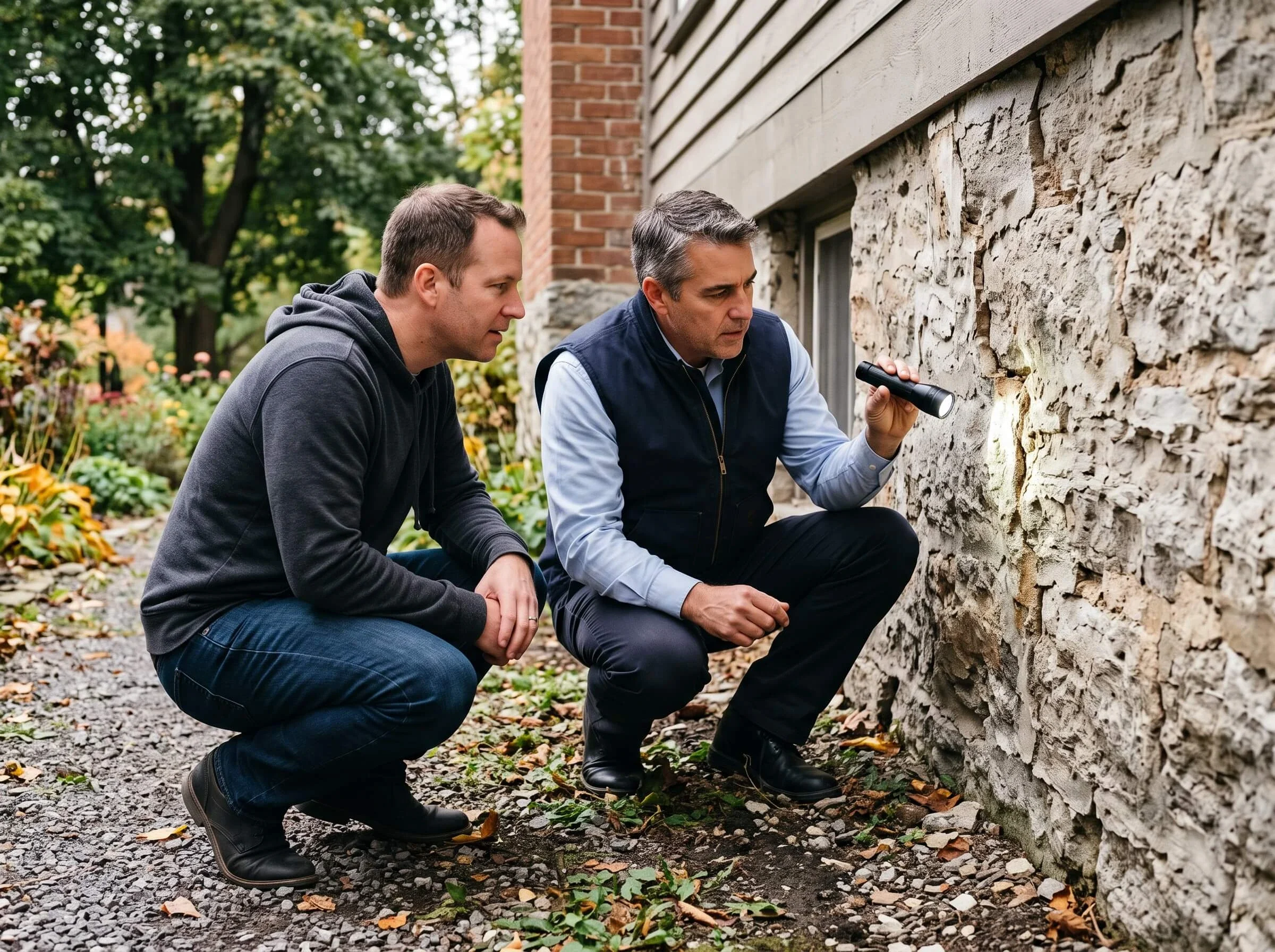 Home inspector examining the stone foundation of a century-old heritage home on Main Street Stittsville with homeowner observing