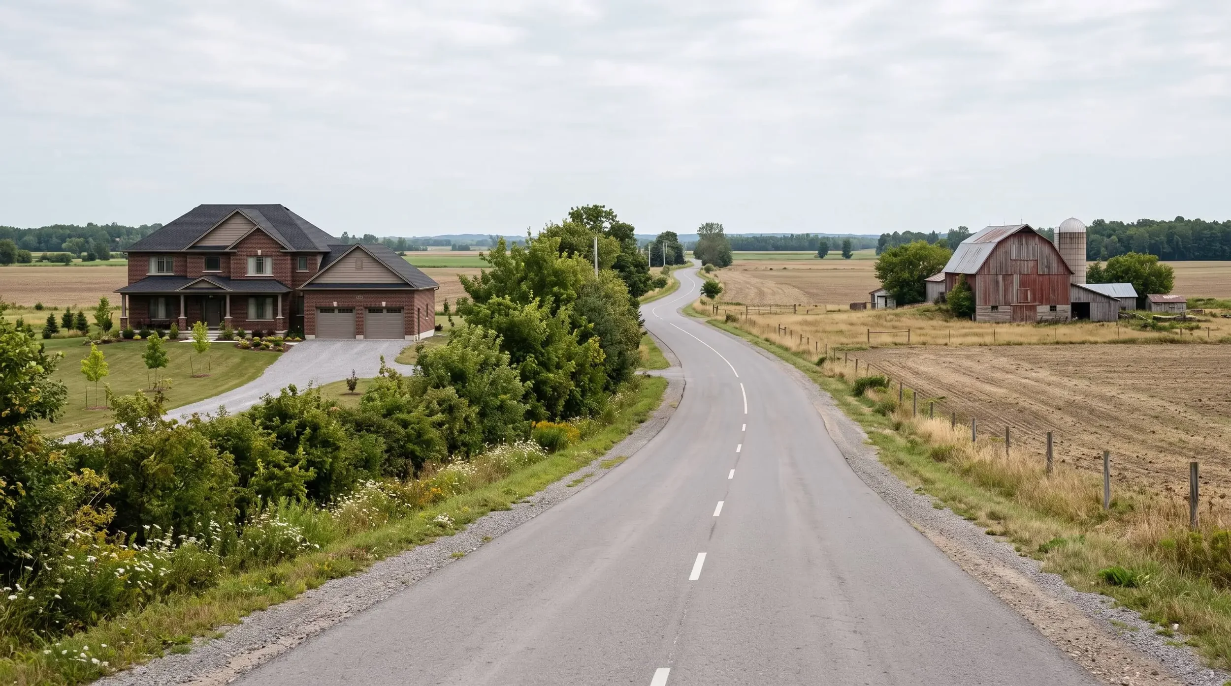 A rural landscape with a winding country road, a modern brick house with a garage and well-maintained yard on the left, and an old barn with a silo on the right, surrounded by fields and trees.