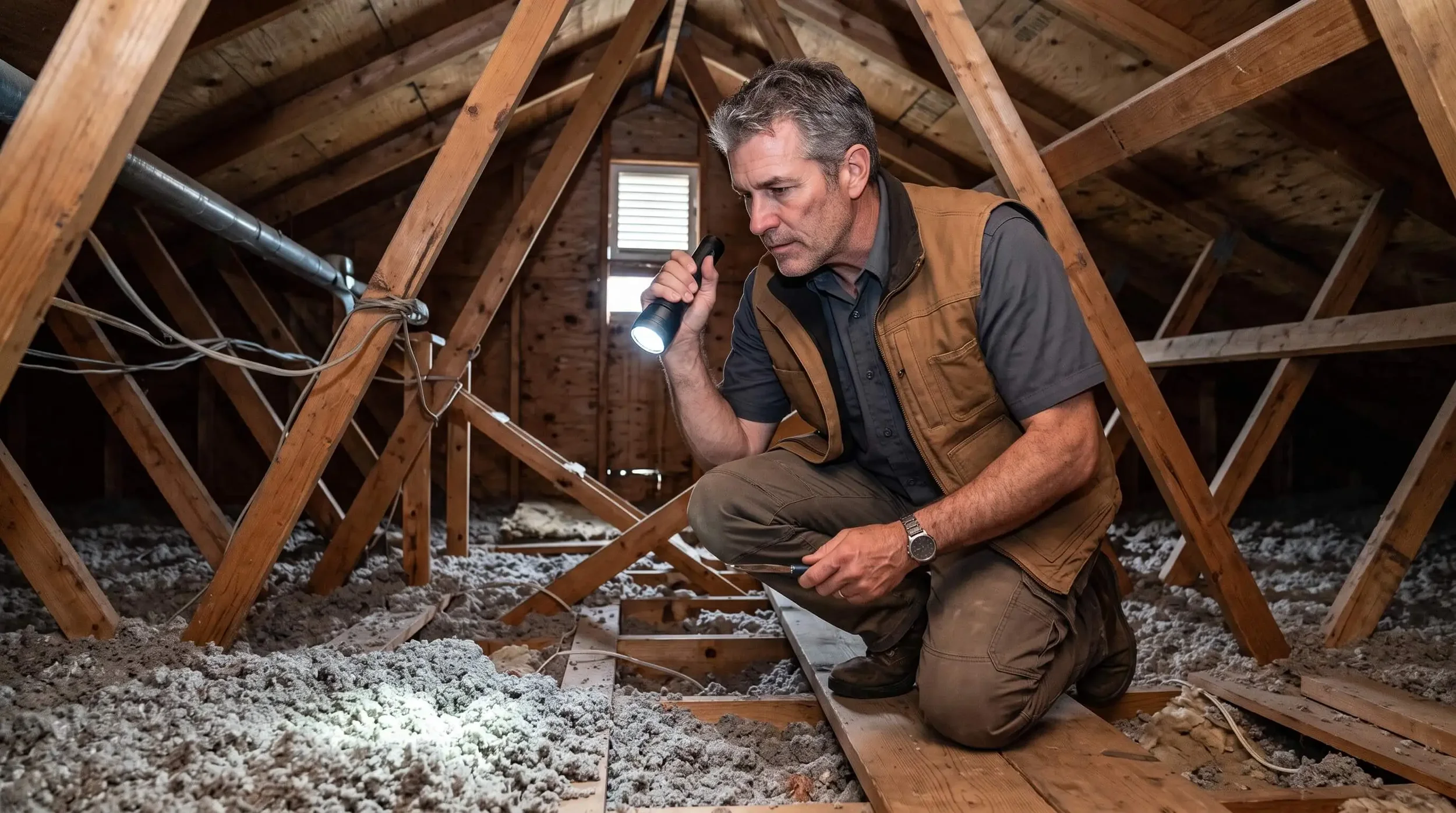 Home inspector examining attic insulation in a 1960s Nepean Ottawa home with a flashlight checking for vermiculite