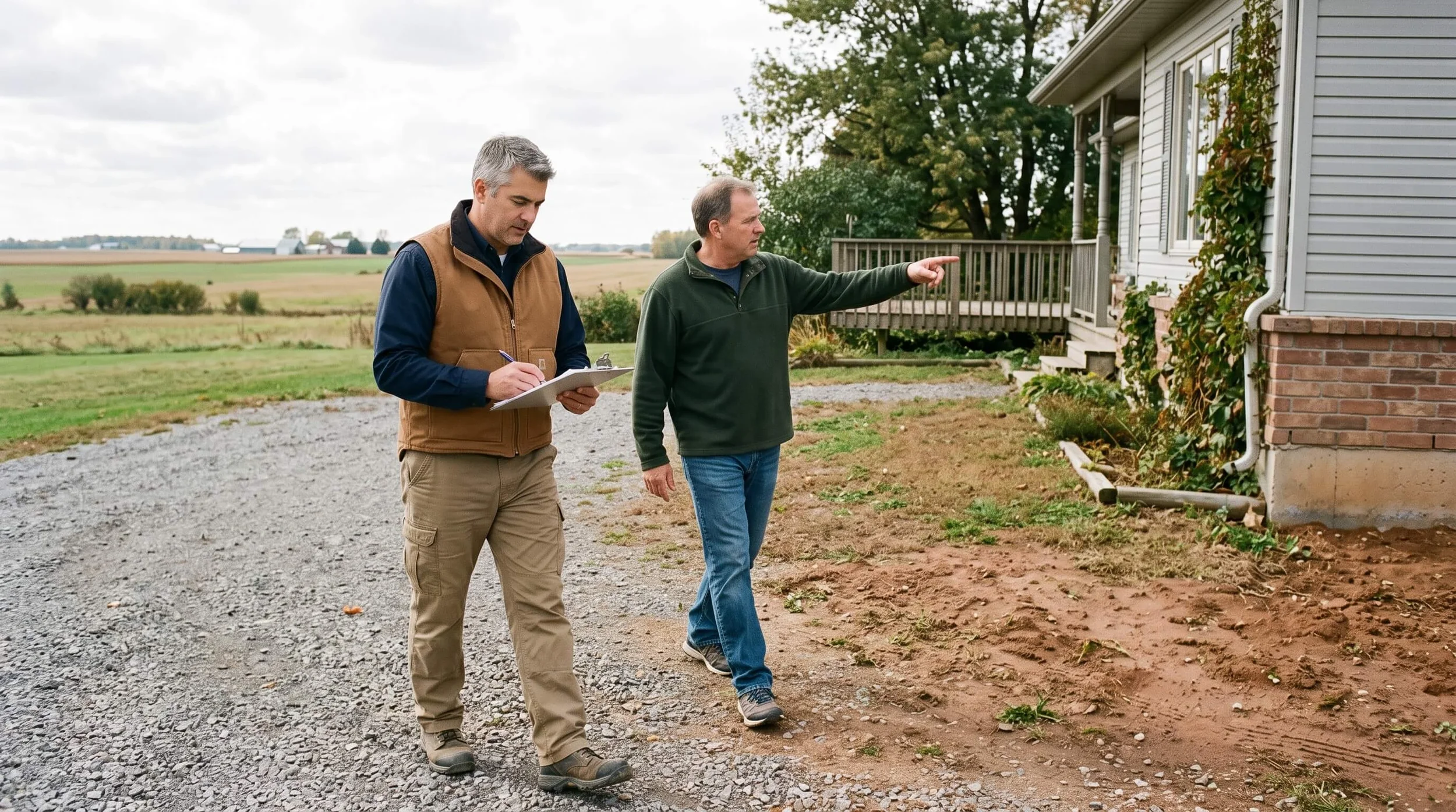 Home inspector walking the exterior of a rural property near Vars Ontario with a homeowner pointing toward the yard