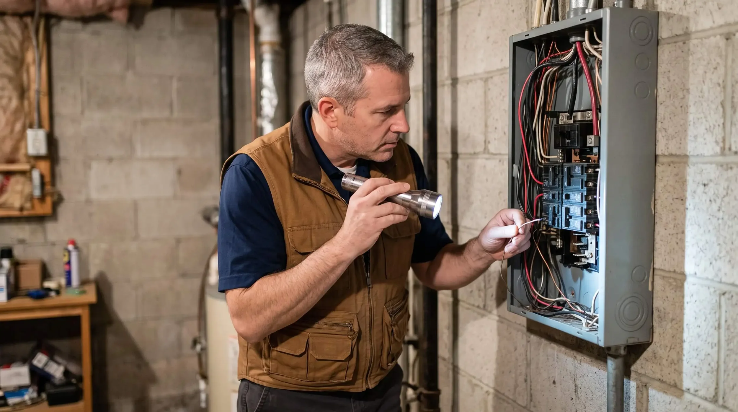 A man working on an electrical panel, using a flashlight to inspect wiring.