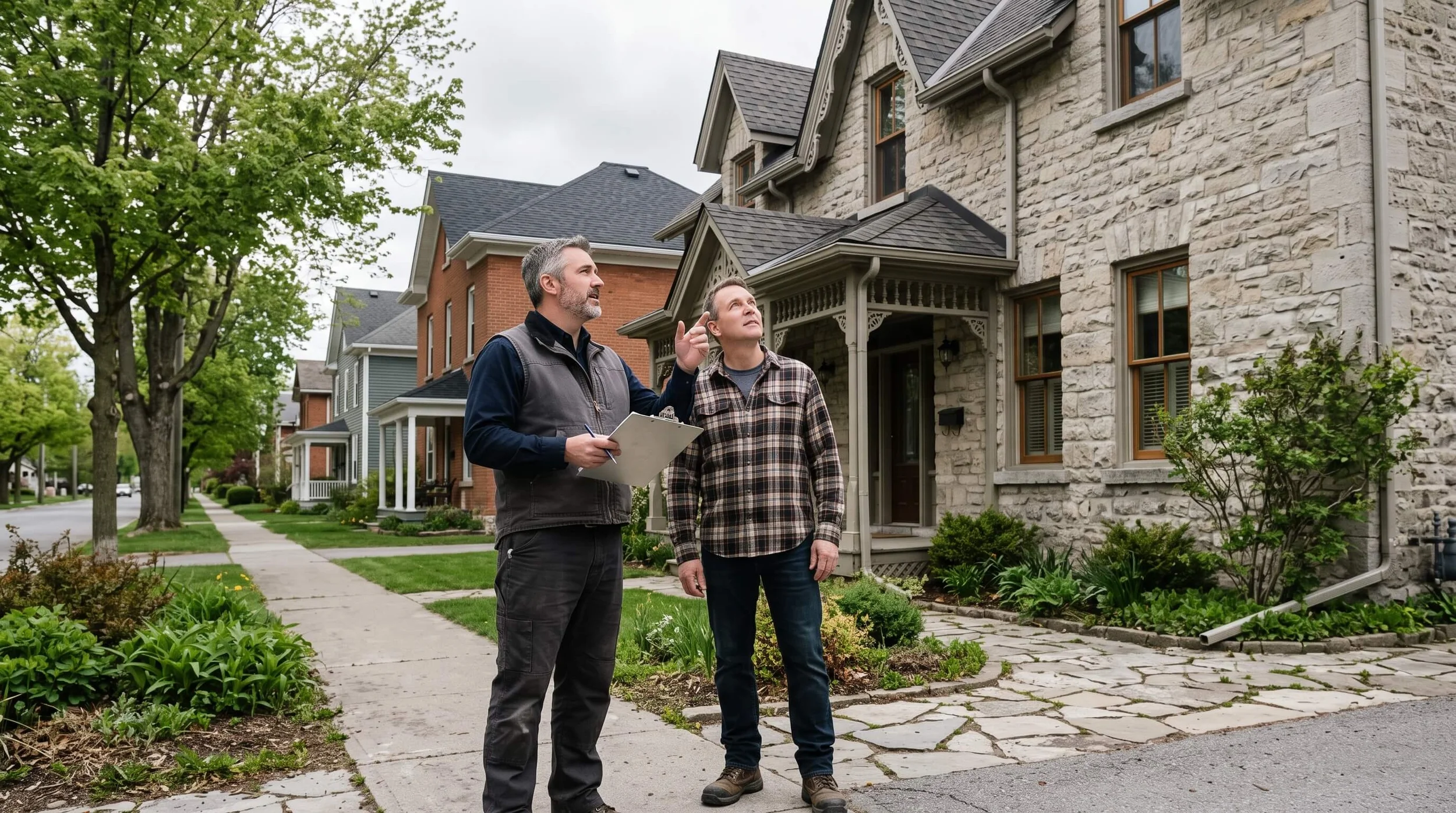 Home inspector talking with a homeowner outside a nineteenth-century limestone home in downtown Carleton Place Ontario