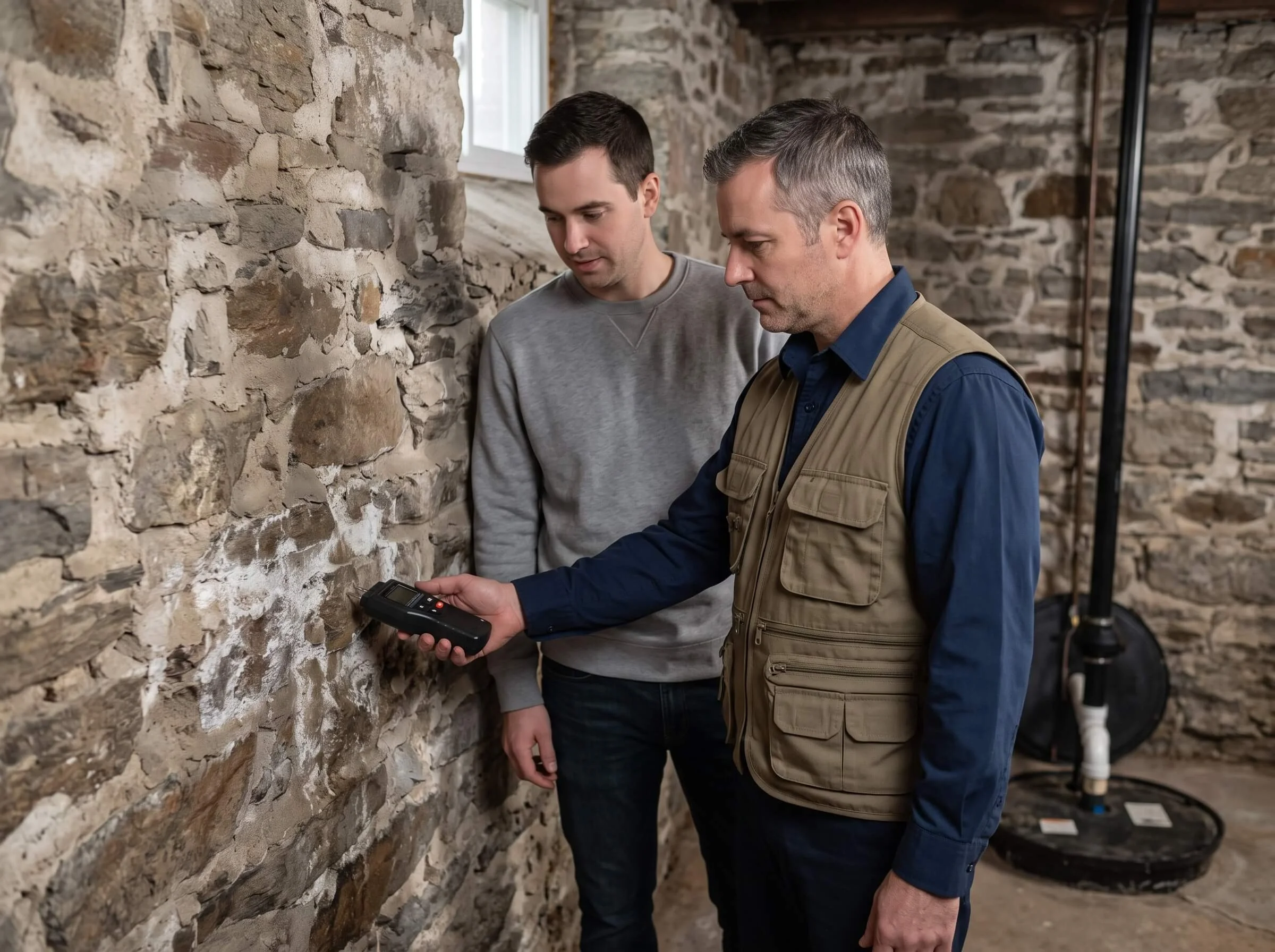 Home inspector using a moisture meter on a stone foundation wall in a river-adjacent heritage basement in Carleton Place with homeowner watching