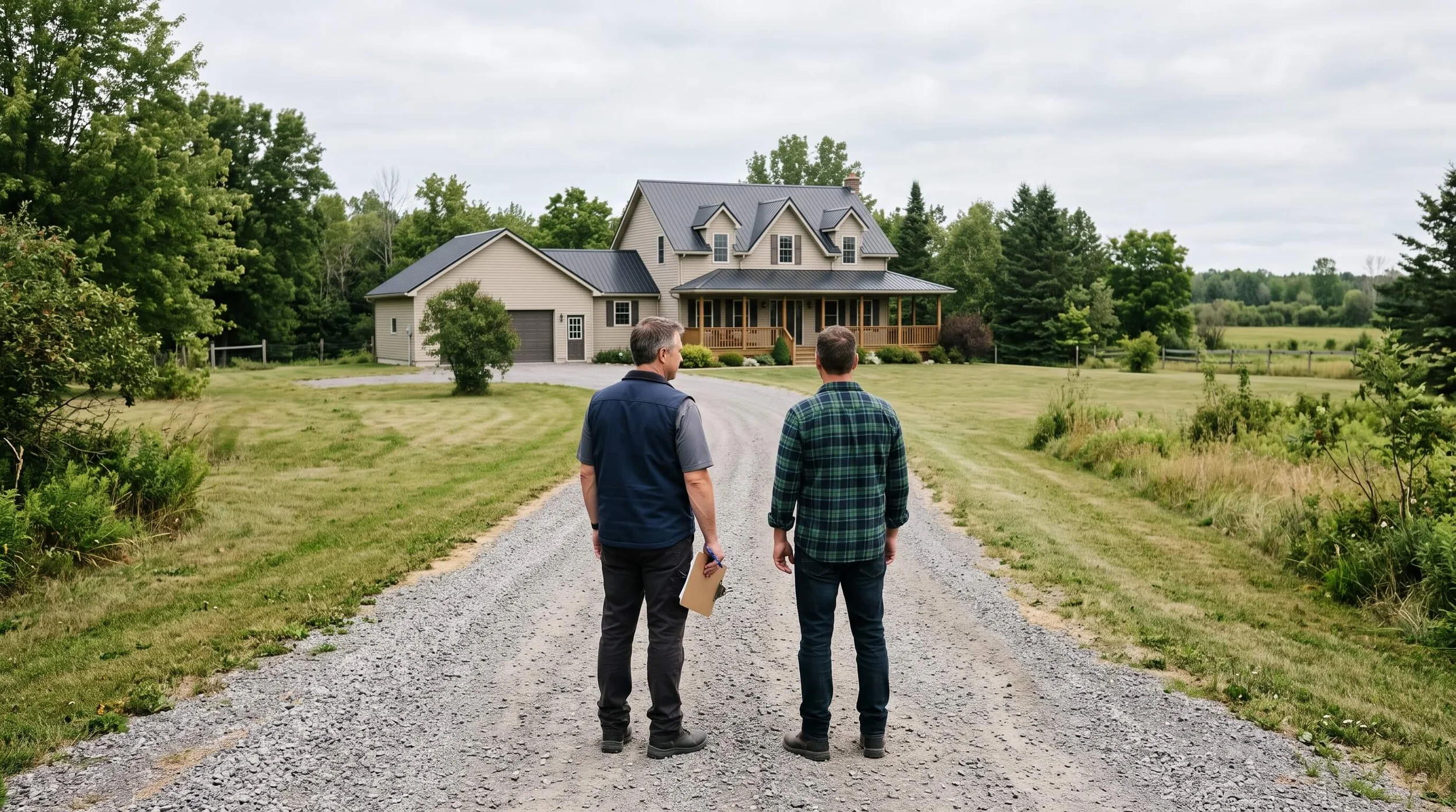 Two men walking toward a large house on a gravel driveway surrounded by greenery.