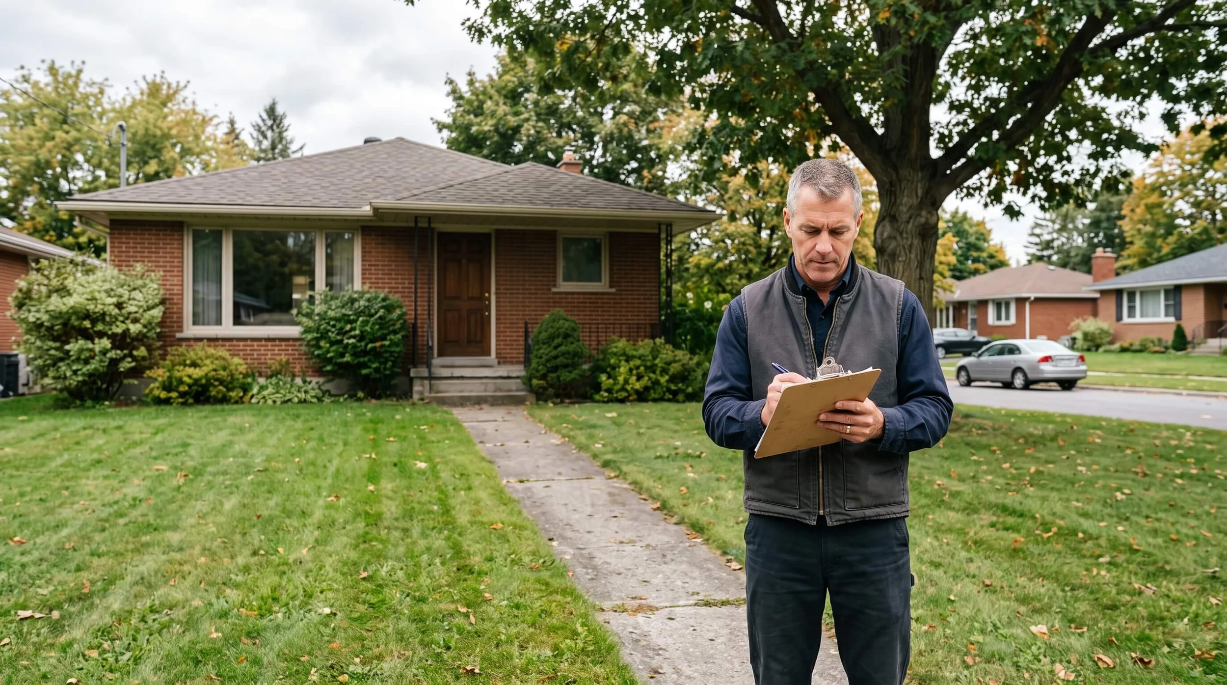 Home inspector reviewing notes on a clipboard outside a 1960s brick bungalow on a mature tree-lined street in Beaverbrook Kanata Ottawa