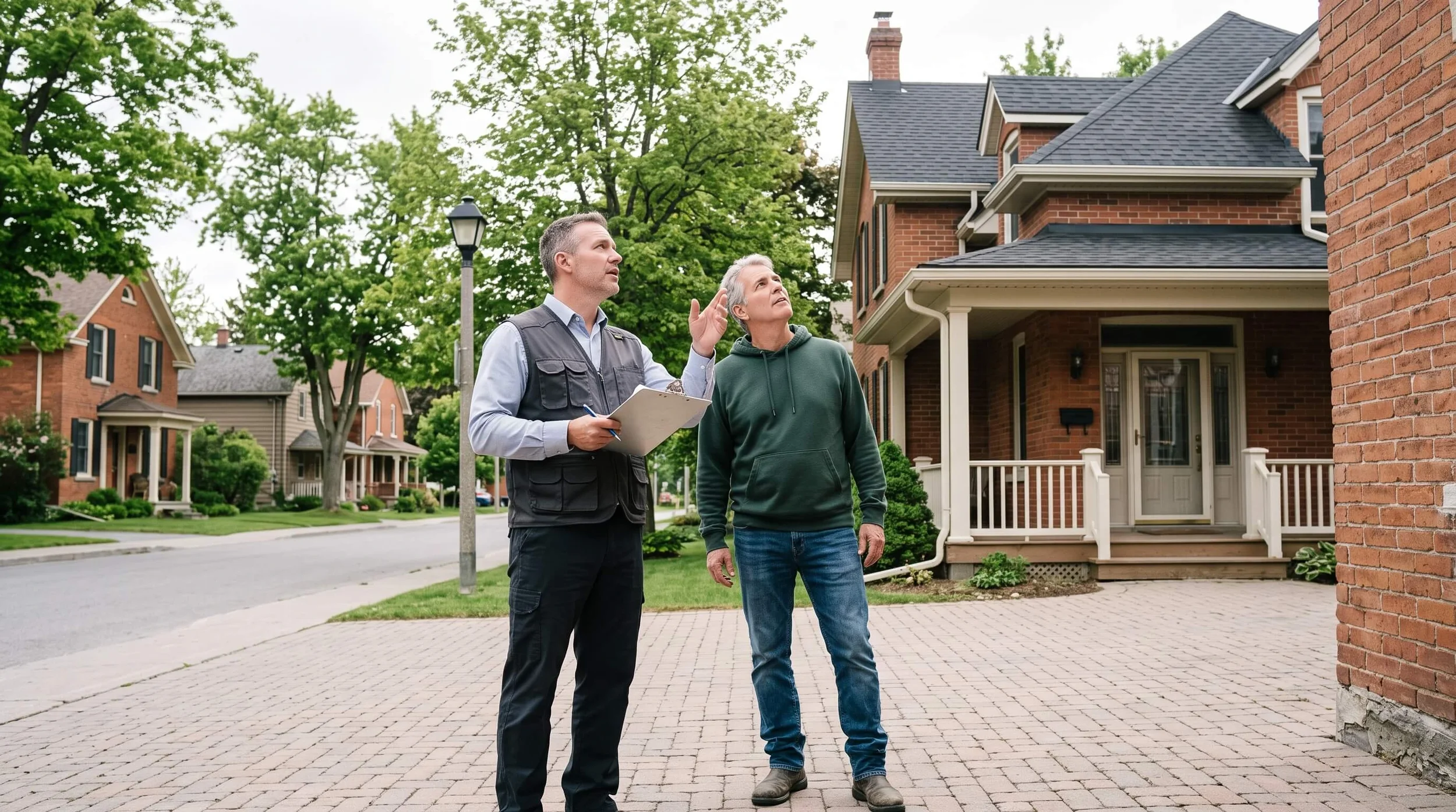 Home inspector talking with a homeowner outside a heritage brick home on Main Street in Stittsville Ottawa