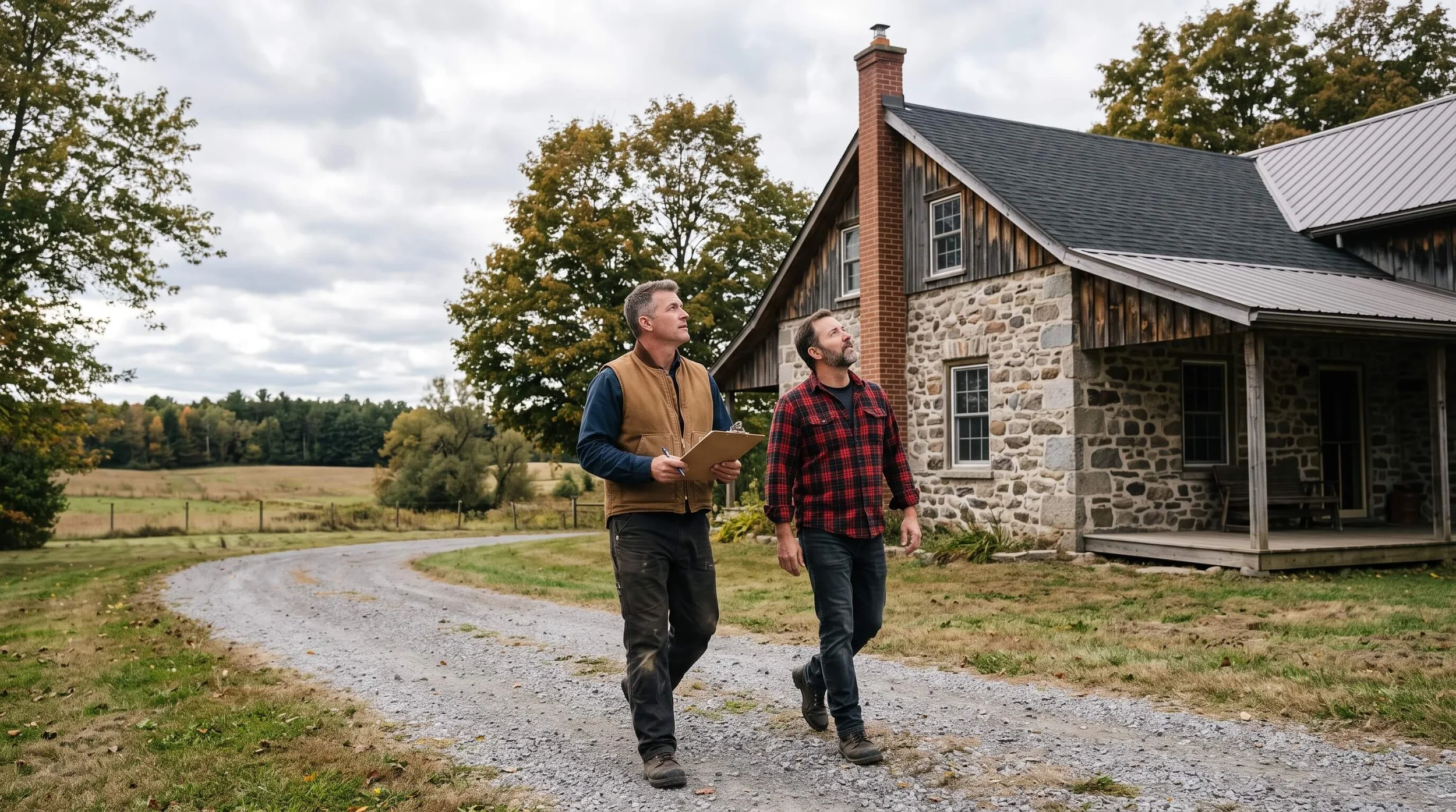 Home inspector walking the exterior of a rural farmhouse property in Mississippi Mills Ontario with homeowner beside him