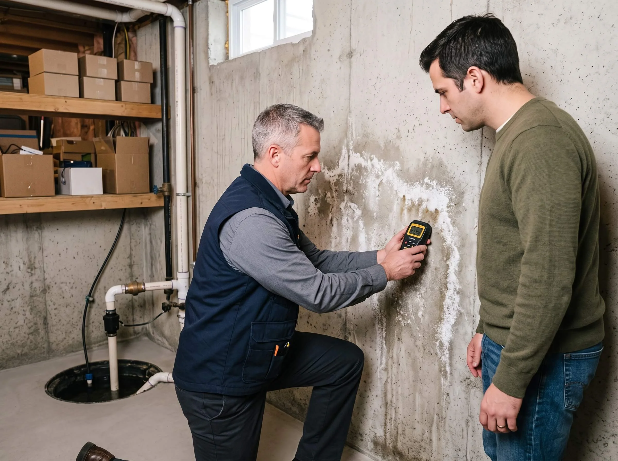 Home inspector using a moisture meter on a basement wall in an Embrun Ontario home showing efflorescence with homeowner watching