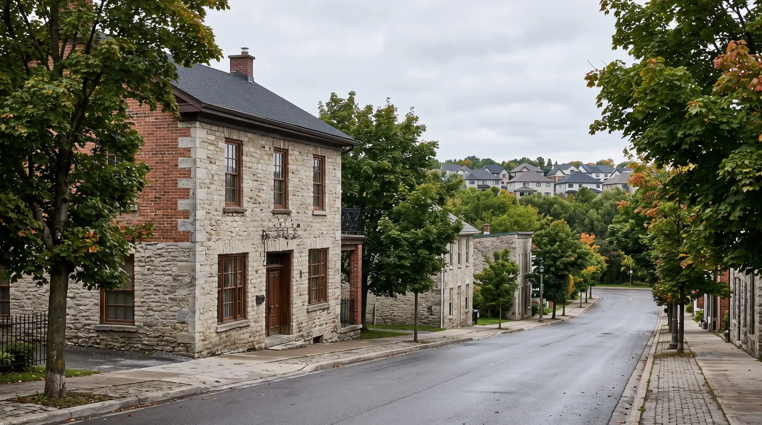A quiet residential street with stone houses, trees, and a slight incline, under an overcast sky.