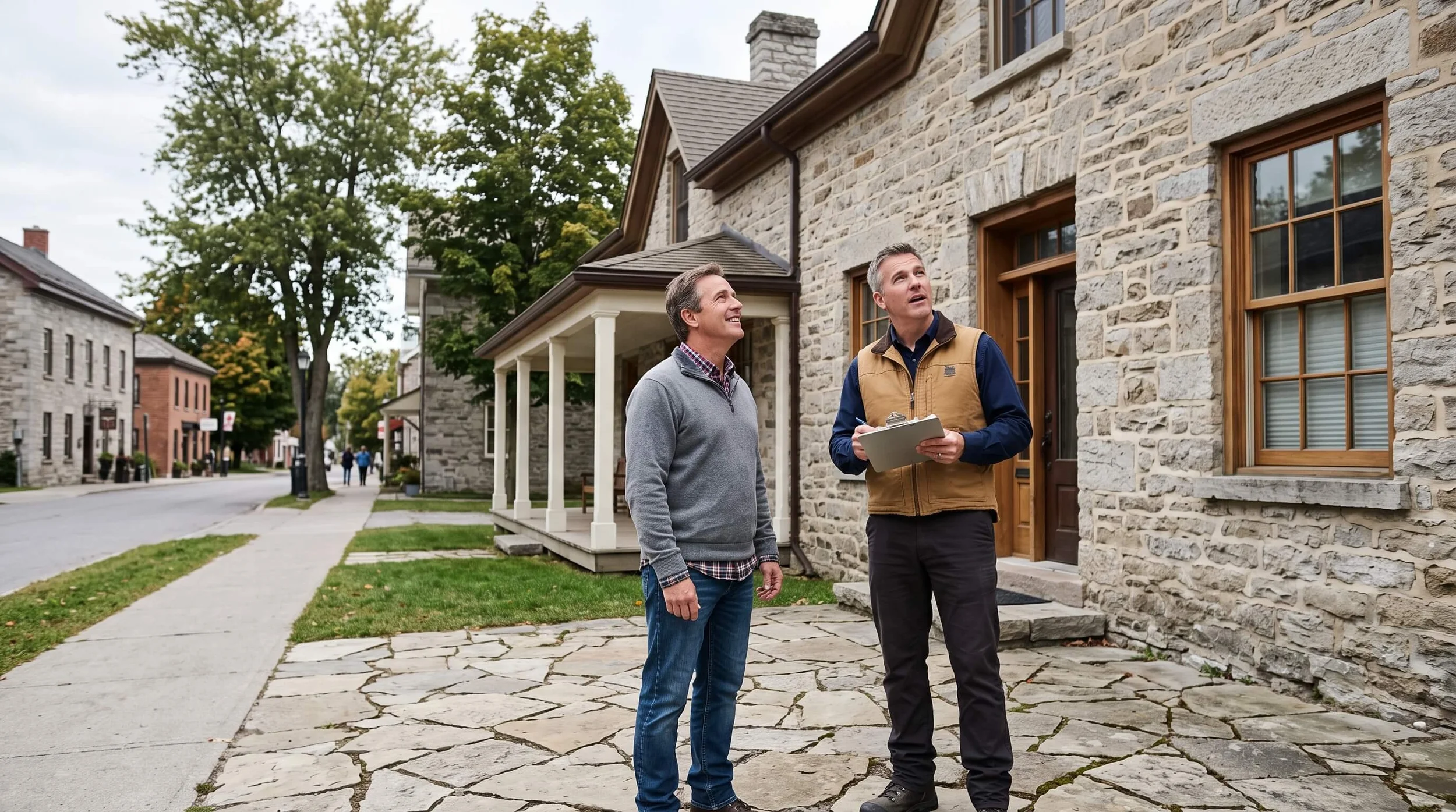Home inspector talking with a homeowner outside a nineteenth-century stone heritage home in downtown Almonte Ontario