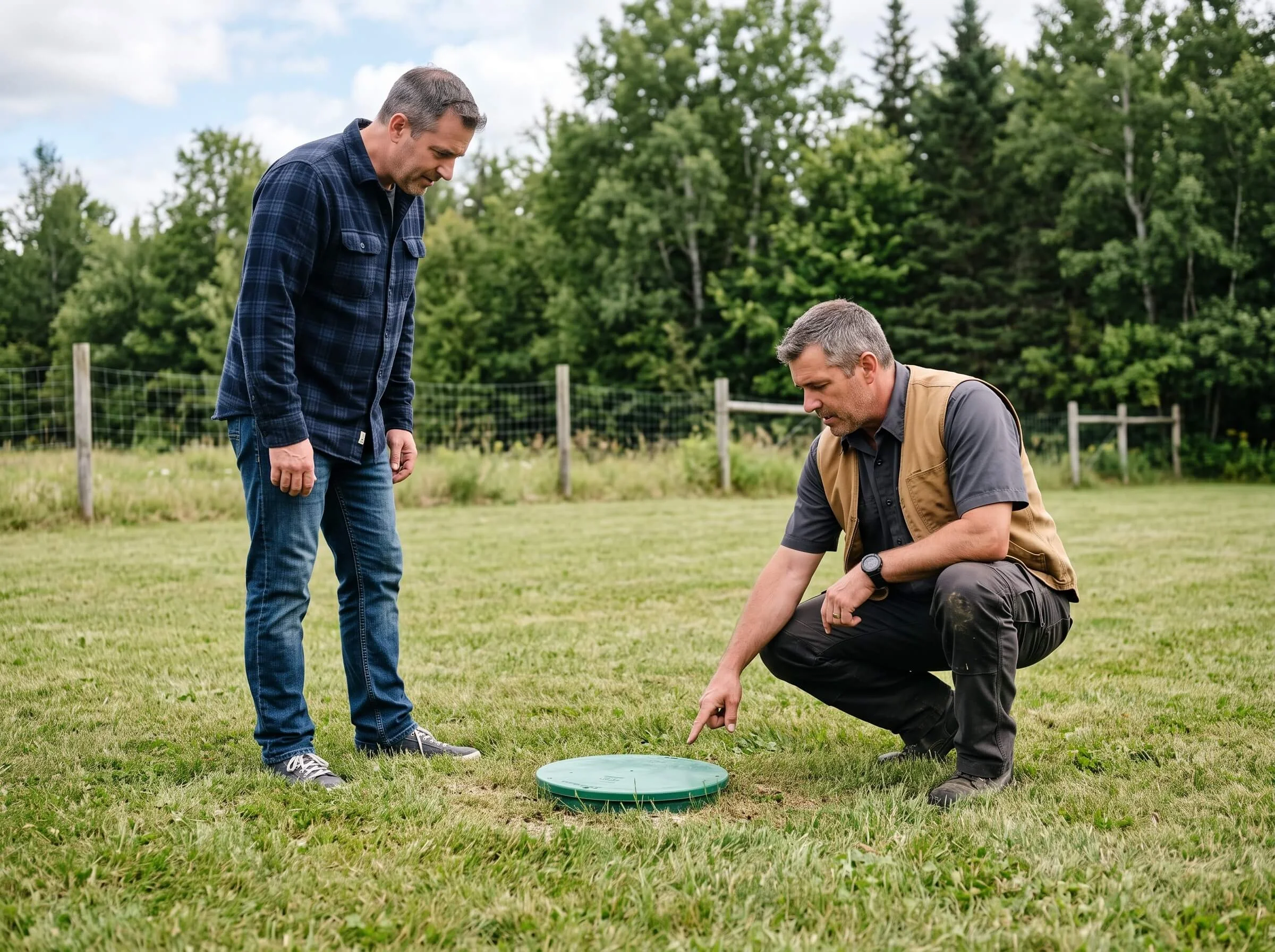 Two men are outdoors on a grassy field, with one crouching and pointing at the ground and the other standing and looking down. They are engaged in a conversation or task involving a circular green object on the ground. Trees and a wire fence are in the background.