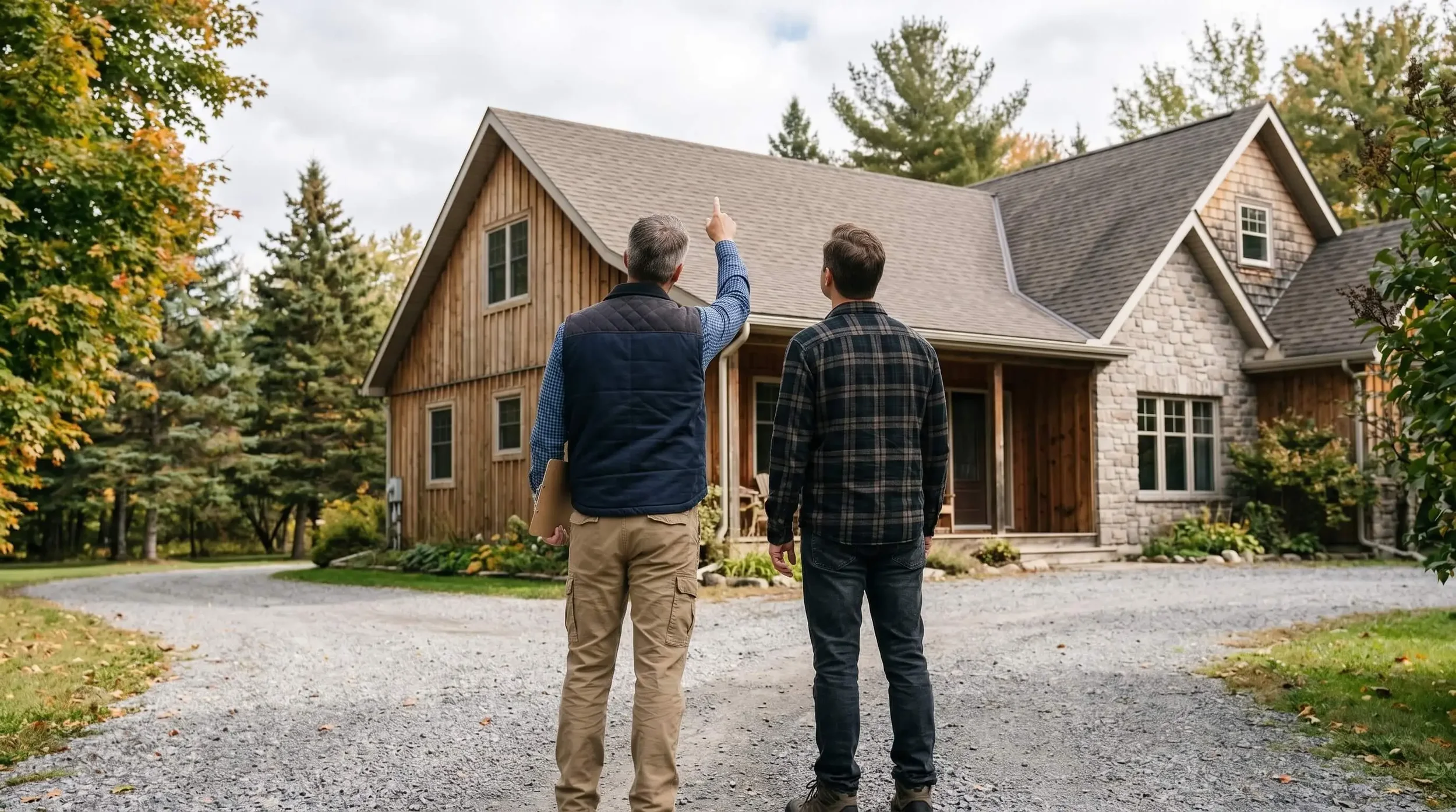 Two men are standing outside in front of a house with a wooden and stone exterior. One man is pointing towards the house while the other man looks on. The scene suggests they are evaluating or inspecting the property.