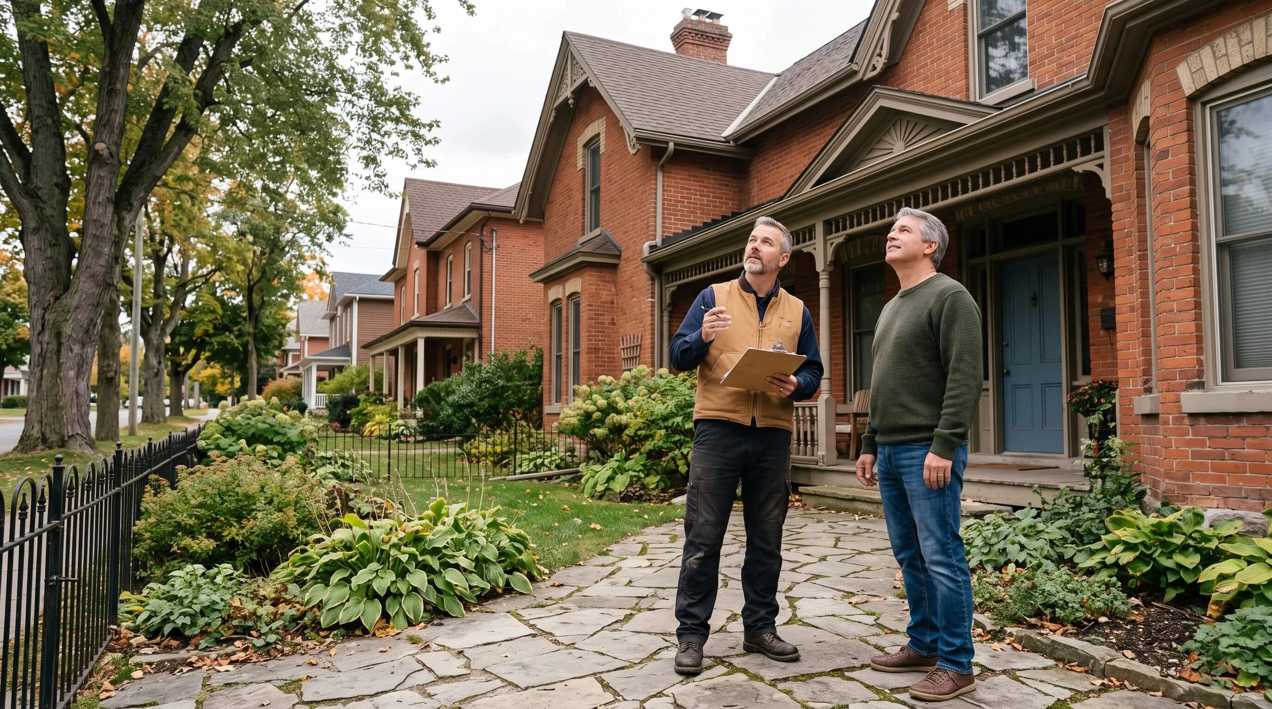 Home inspector talking with a homeowner outside a nineteenth-century brick home in downtown Arnprior Ontario