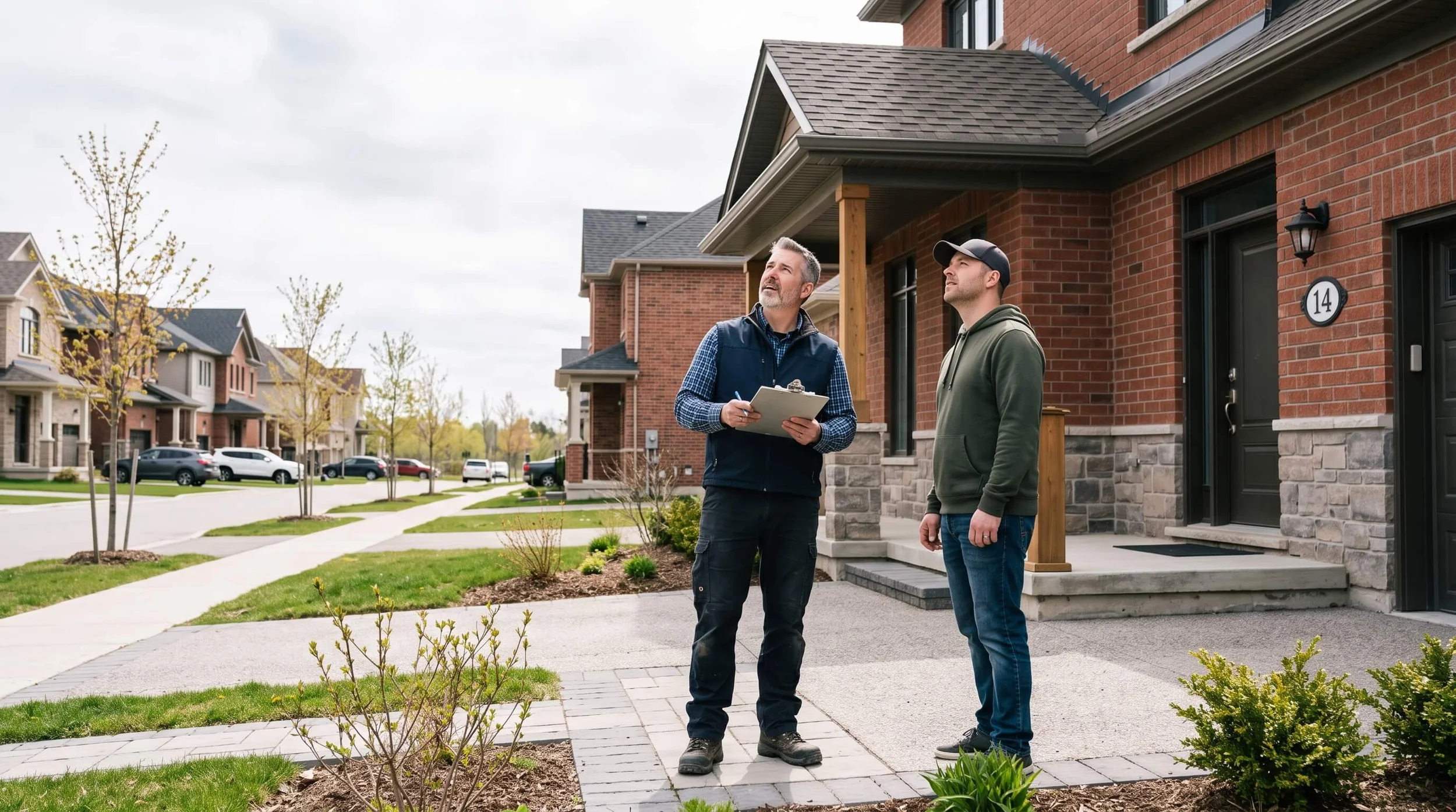 Home inspector talking with a homeowner outside a new subdivision home in Embrun Ontario on a clear day