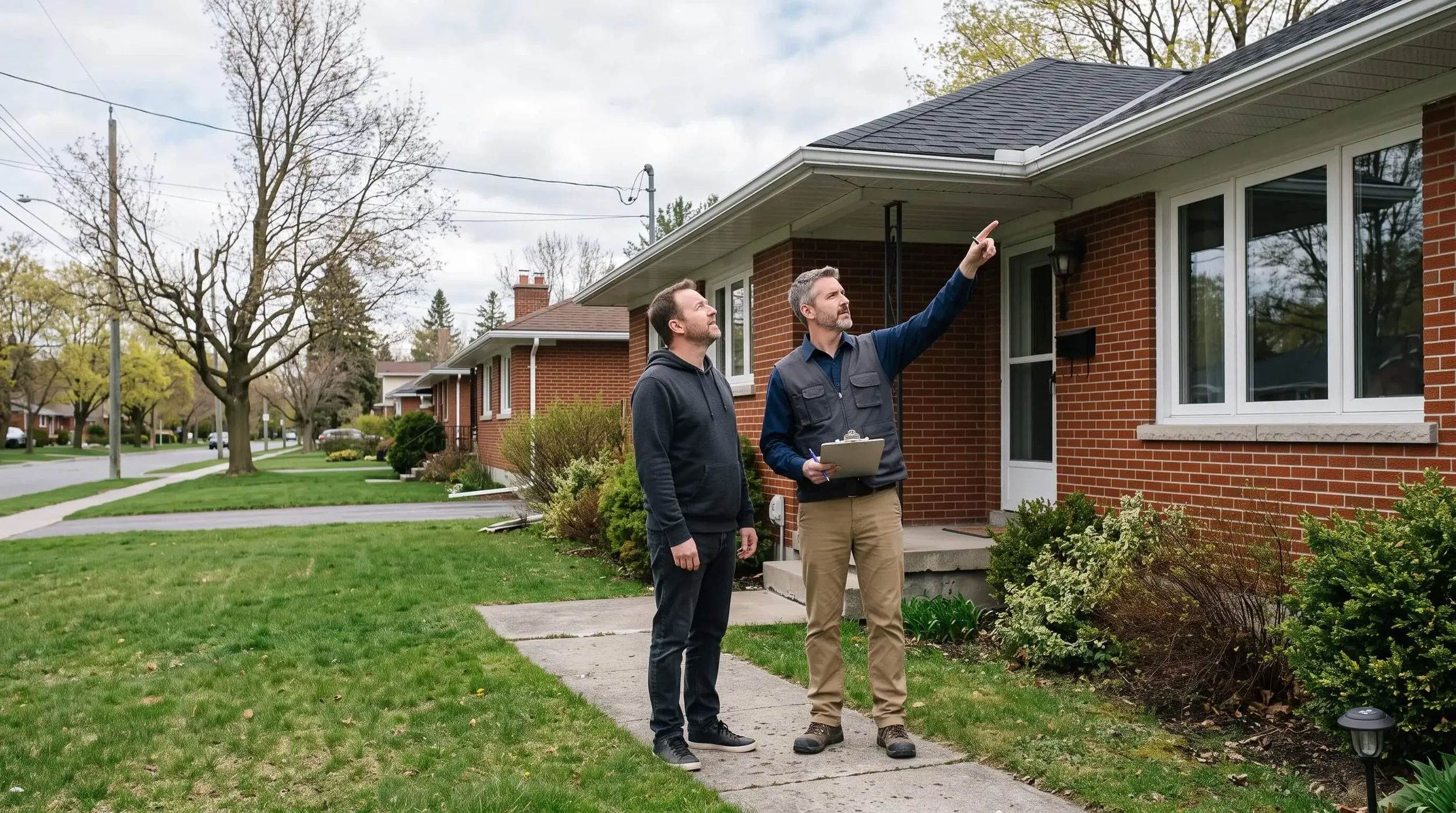 Two men standing outside a red brick house with a lawn, trees, and a sidewalk. One man points to the house while the other holds a clipboard.