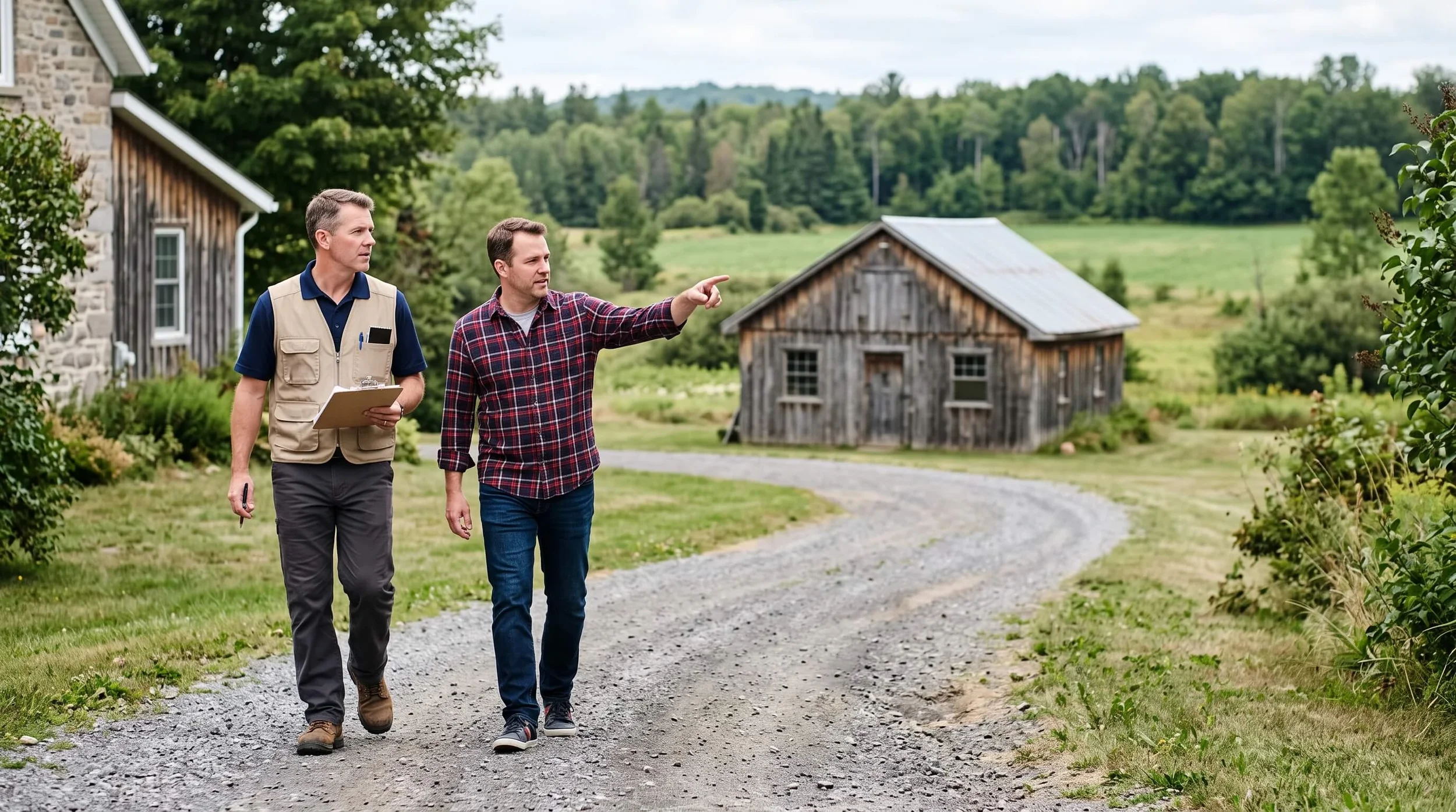 Home inspector walking the exterior of a rural fringe property west of Stittsville with a homeowner pointing toward outbuildings