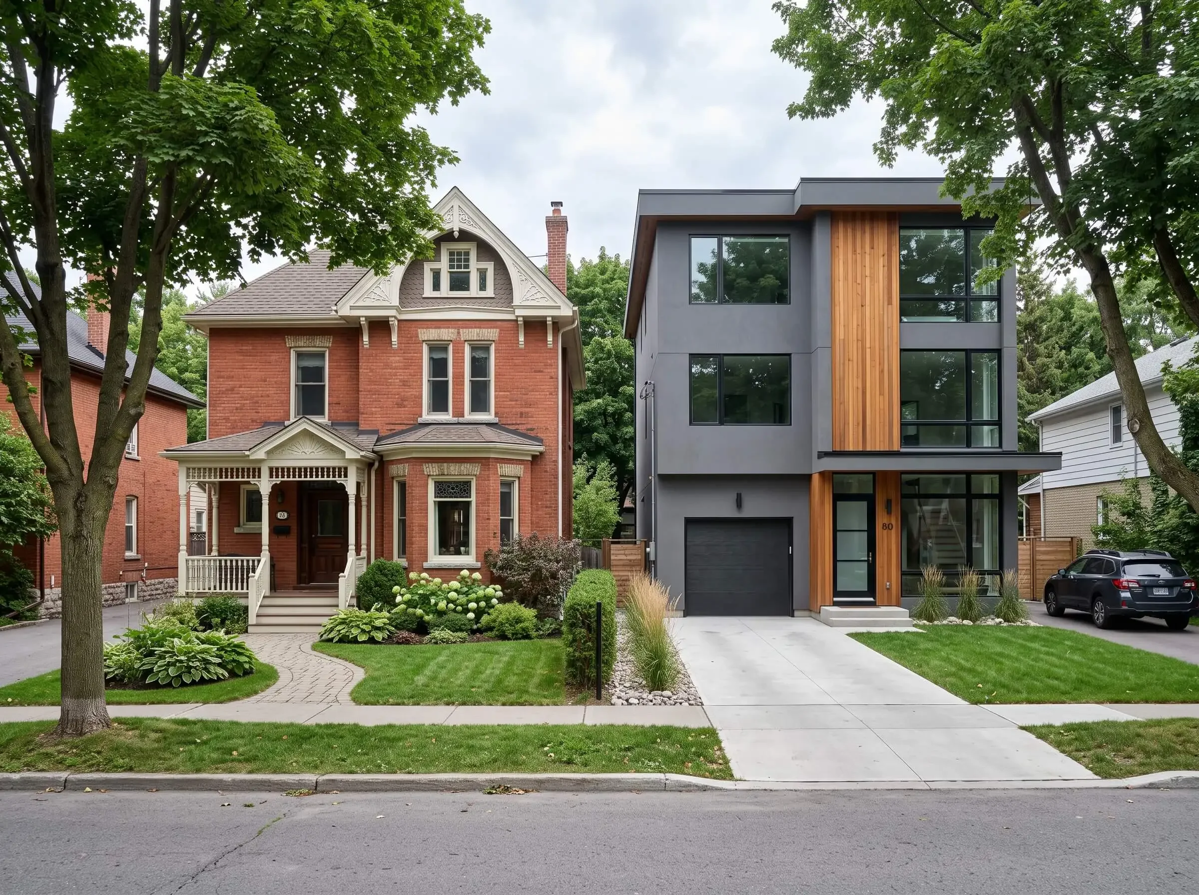 A view of two neighboring houses from the street, with lush green trees, well-maintained lawns, and concrete sidewalks in front. The house on the left is a traditional brick house with white decorative trims and a pitched roof, while the house on the right is a modern, gray structure with large windows and wooden accents.