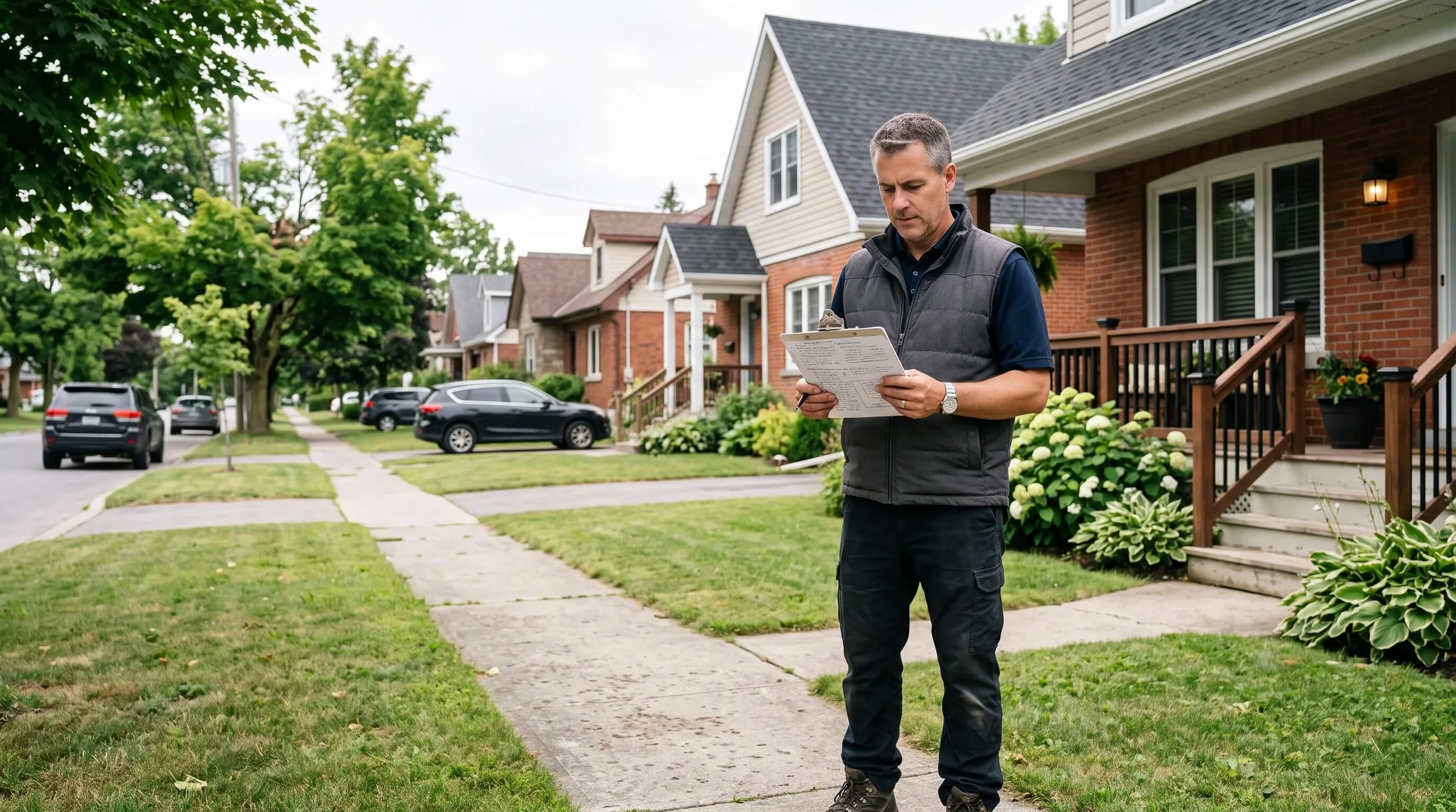 Home inspector reviewing clipboard outside a residential home on a quiet street in Rockland Clarence-Rockland Ontario