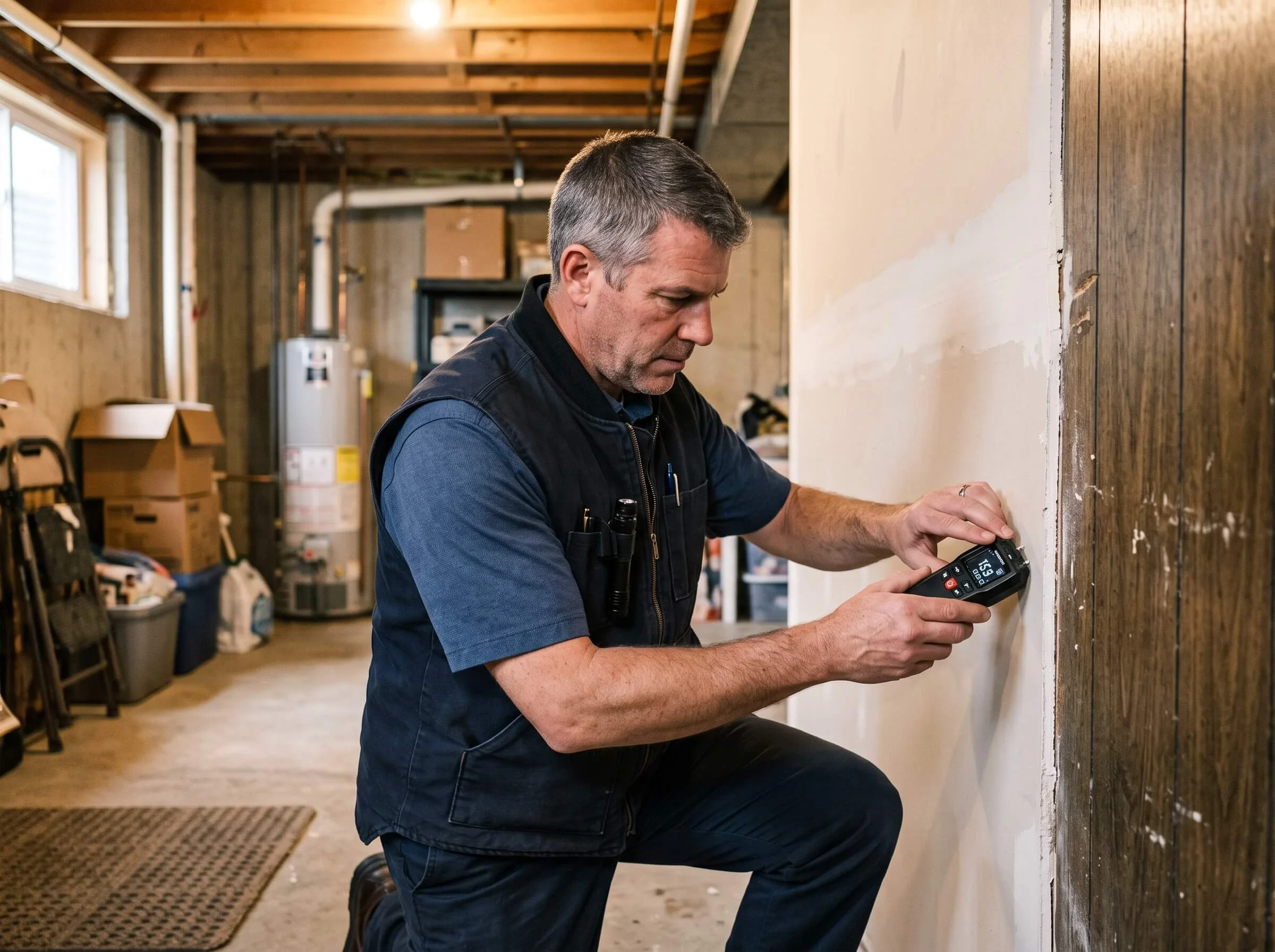 Home inspector using a moisture meter on a basement wall in a Rockland Ottawa River property with visible flood repair history