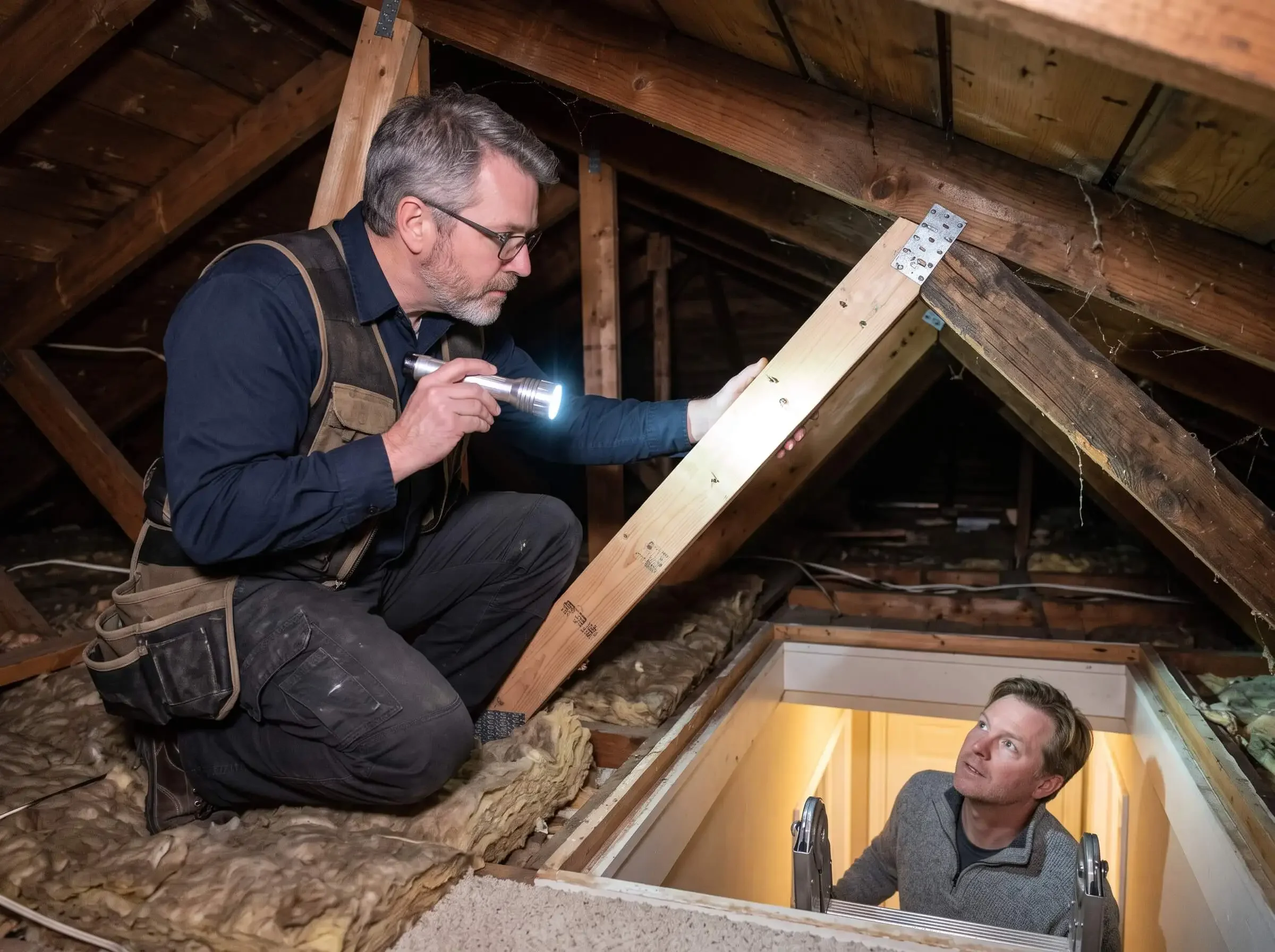 Two men working on the insulation of an attic, one with a flashlight and the other looking up.