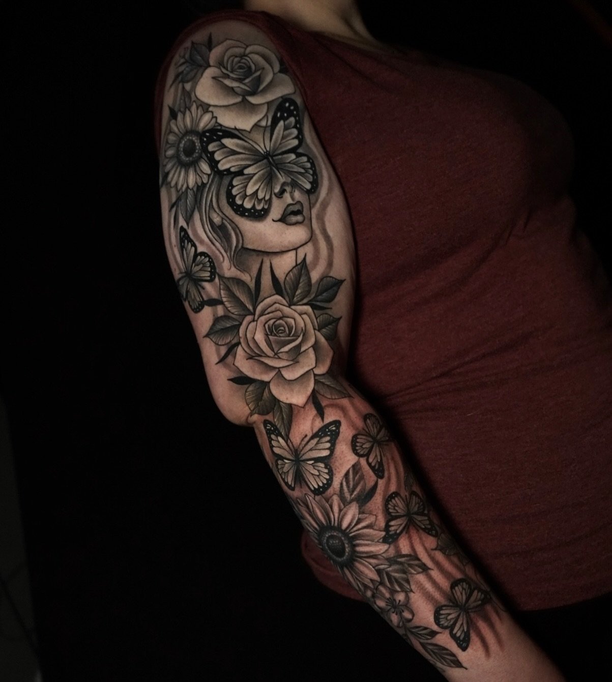 Nether sitting on this sleeve I been working on #TattooIdeas #Exclusiveink #tattooartist #jconlyvetar #jconlyartist #Inked #flowertattoo #butterflies