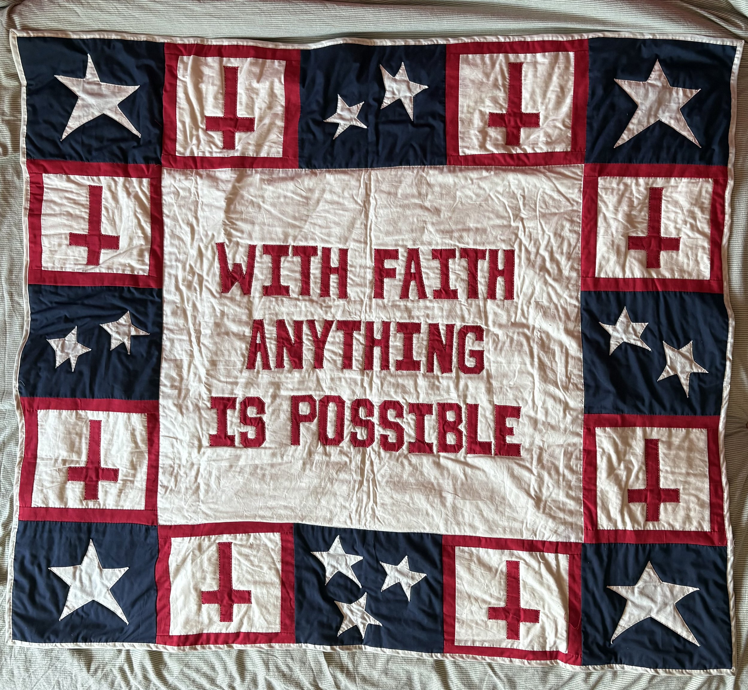 An American Quilt,
Cotton fabric, cotton batting, cotton thread
Quilted in the traditional American style by hand
50” x 60”
2025
