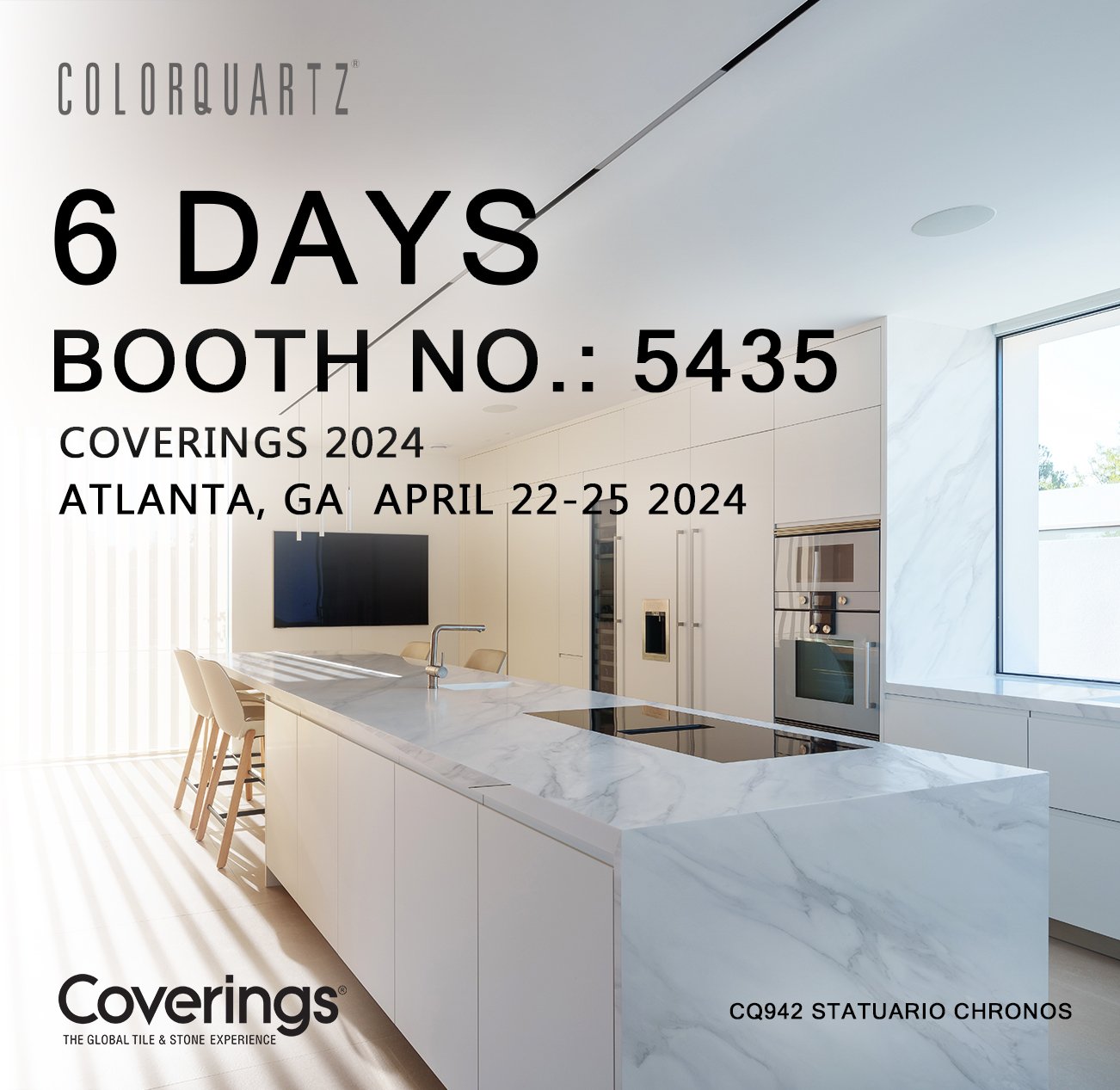 Time's ticking! Just 6 days until Coverings 2024 kicks off. Visit Booth 5435 to dive into our 2024 new collection and meet our team of experts. Let's make your design dreams a reality! #Colorquartz #Booth5435 #coverings2024