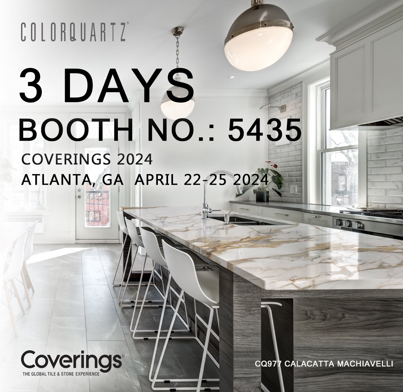 3 days left until Coverings 2024! Are you ready to discover the transformative power of Colorquartz 2024 New Collection? Swing by Booth 5435 to experience it firsthand. See you there! #ExcitementBuilding  #colorquartz  #coverings2024