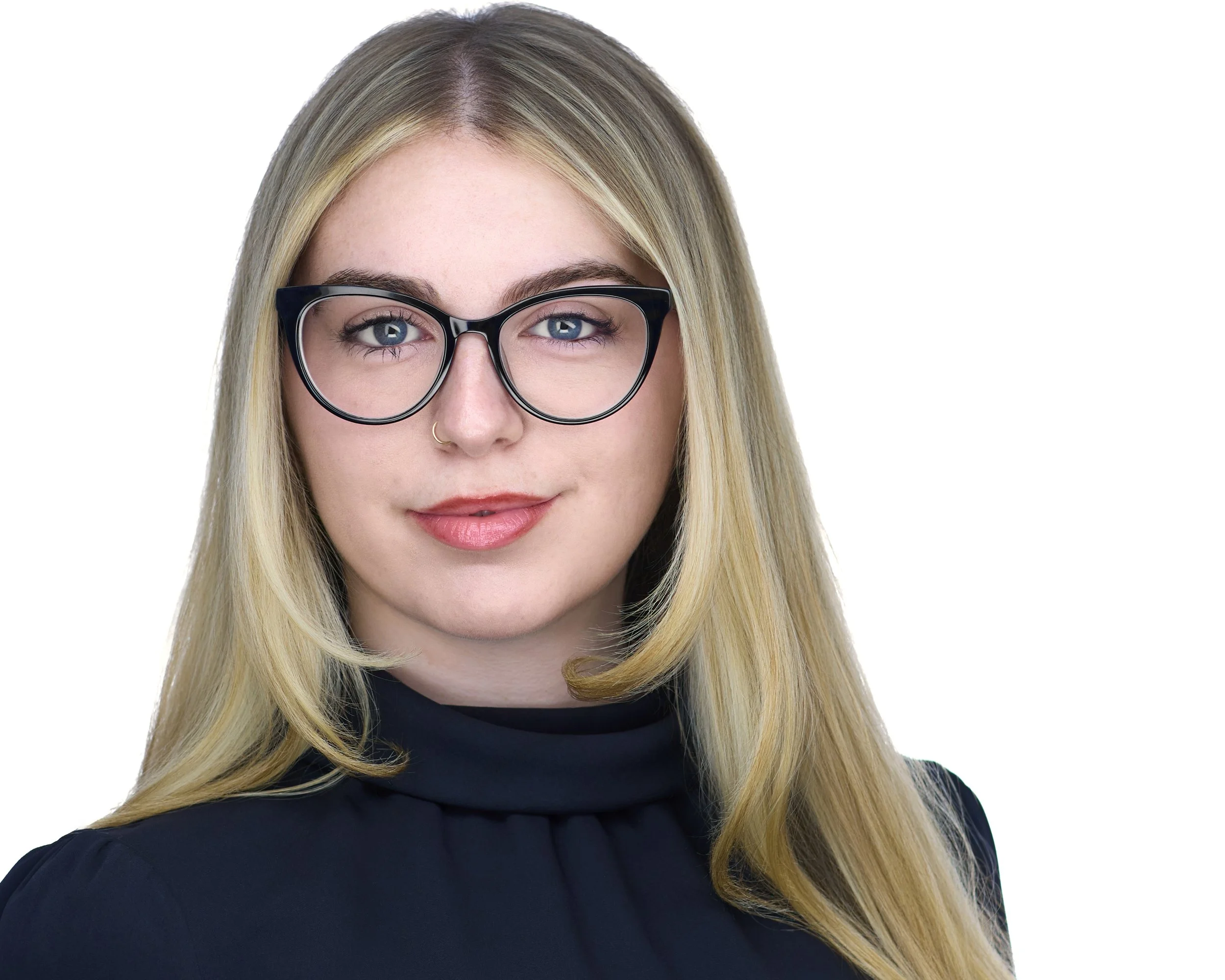 Professional Headshot of a young blonde hair lady with glasses