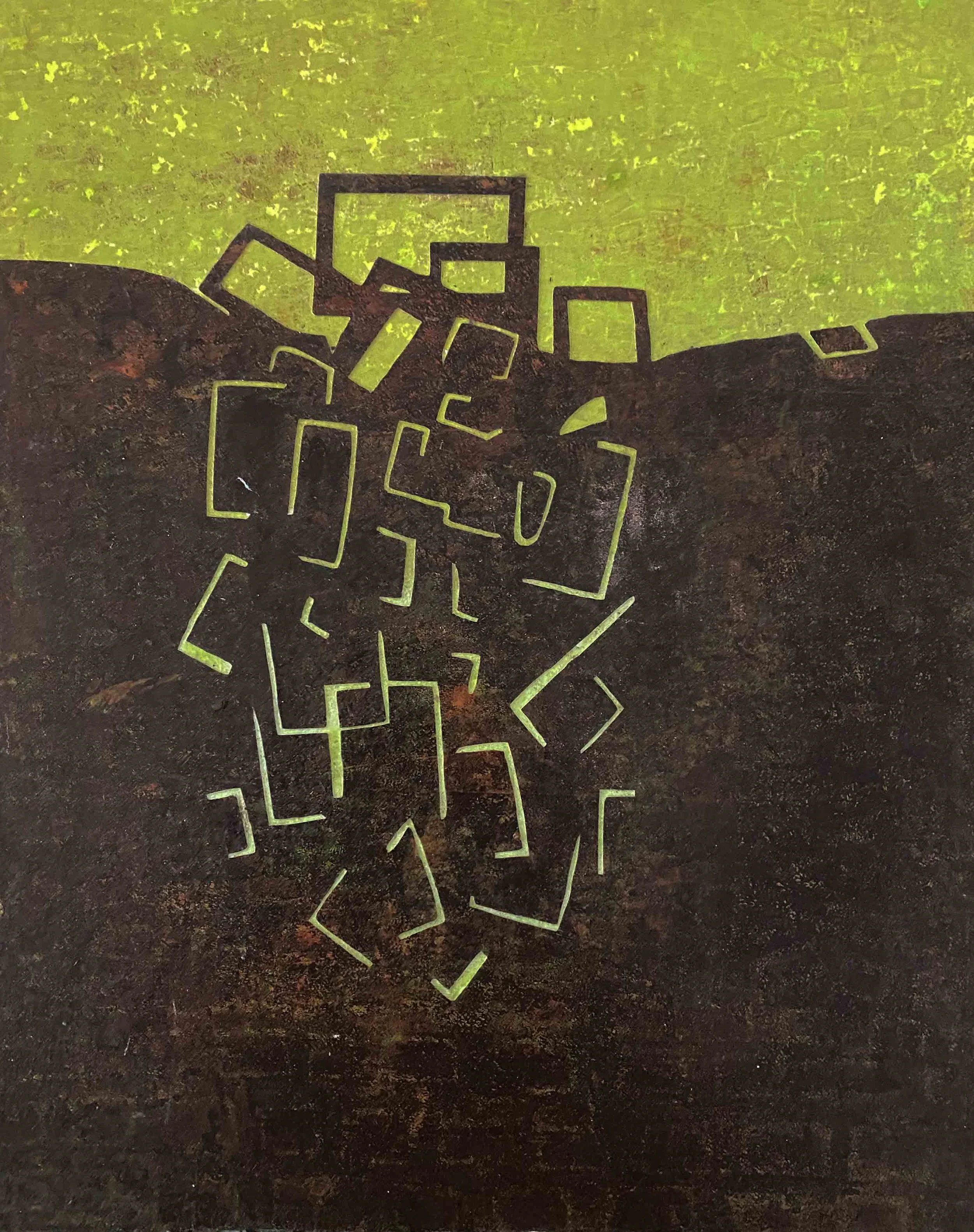 A collage of handprinted papers on board. Inspired by the peatlands of Cambridgeshire