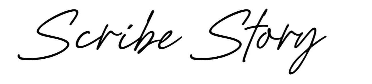 The image features the text "Scribe Story" written in black cursive script on a white background.