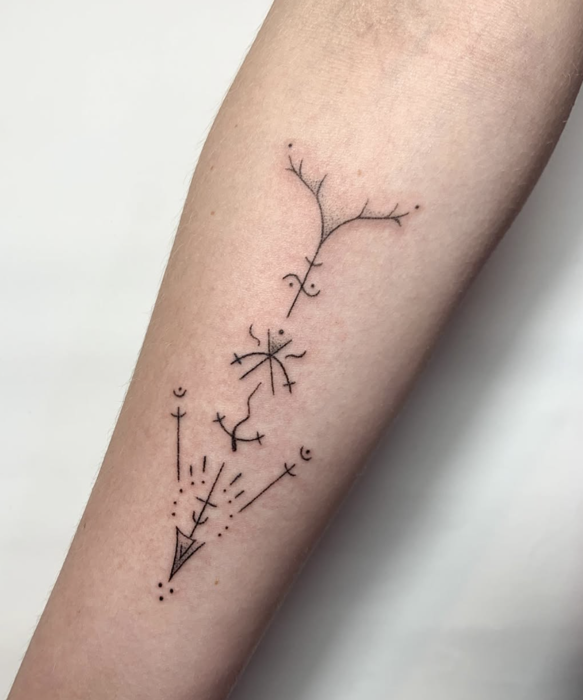 Minimalist black ink tree and celestial tattoos on inner arm.