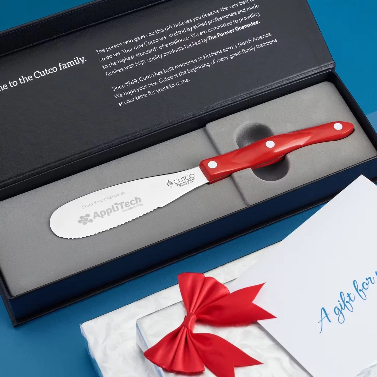 Spatula spreader engraved with a company message, in a Cutco gift box