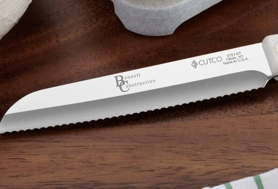 Kitchen knife engraved with a construction company logo