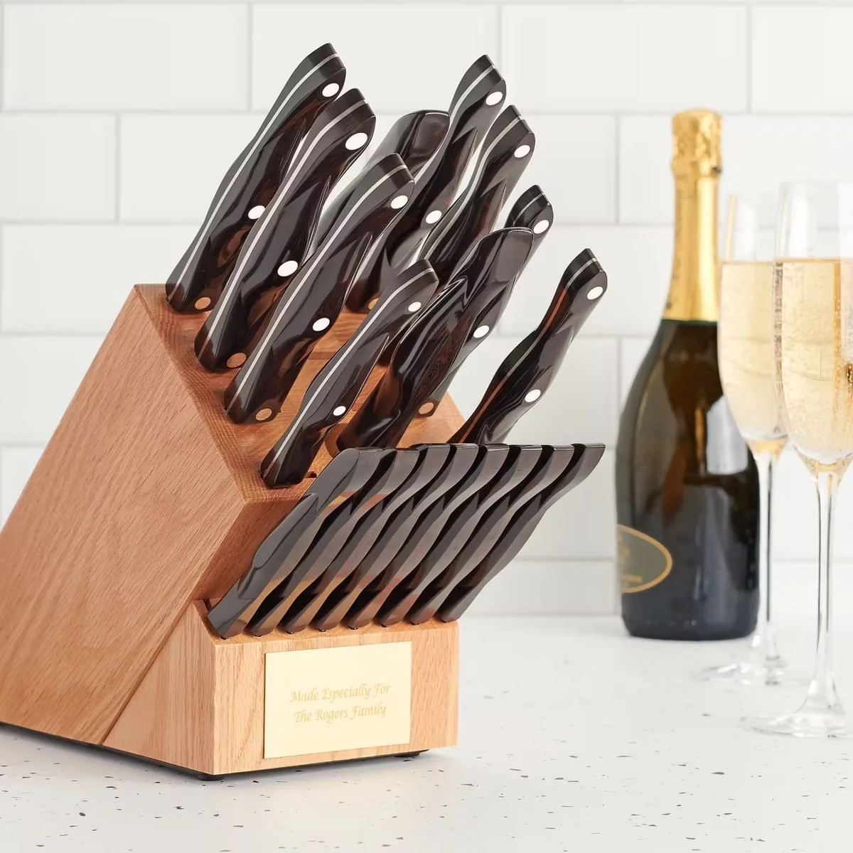 Knife block with an engraved plate reading Made Especially For The Rogers Family